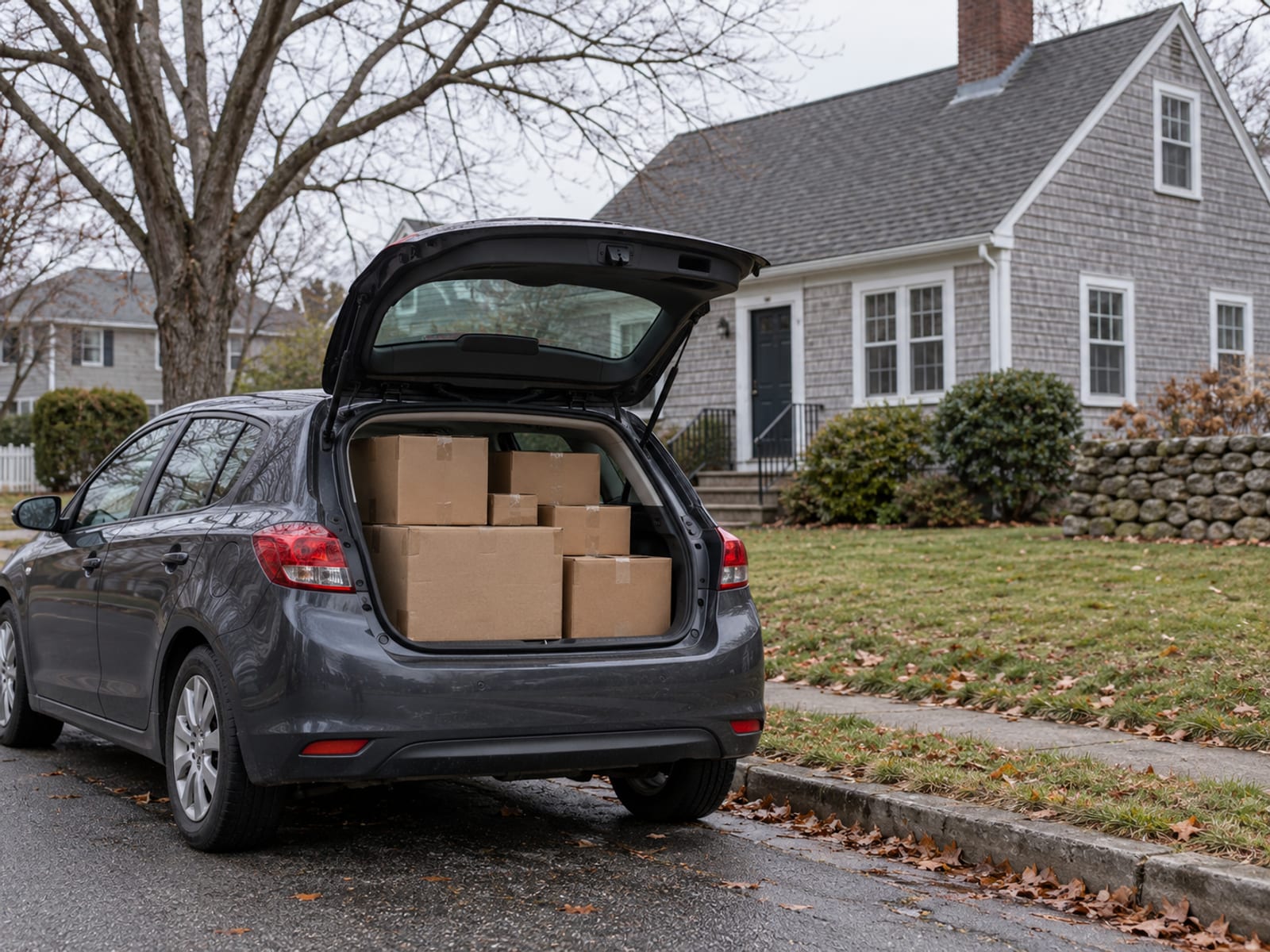 A packed hatchback with moving boxes in the back parked outside a small house