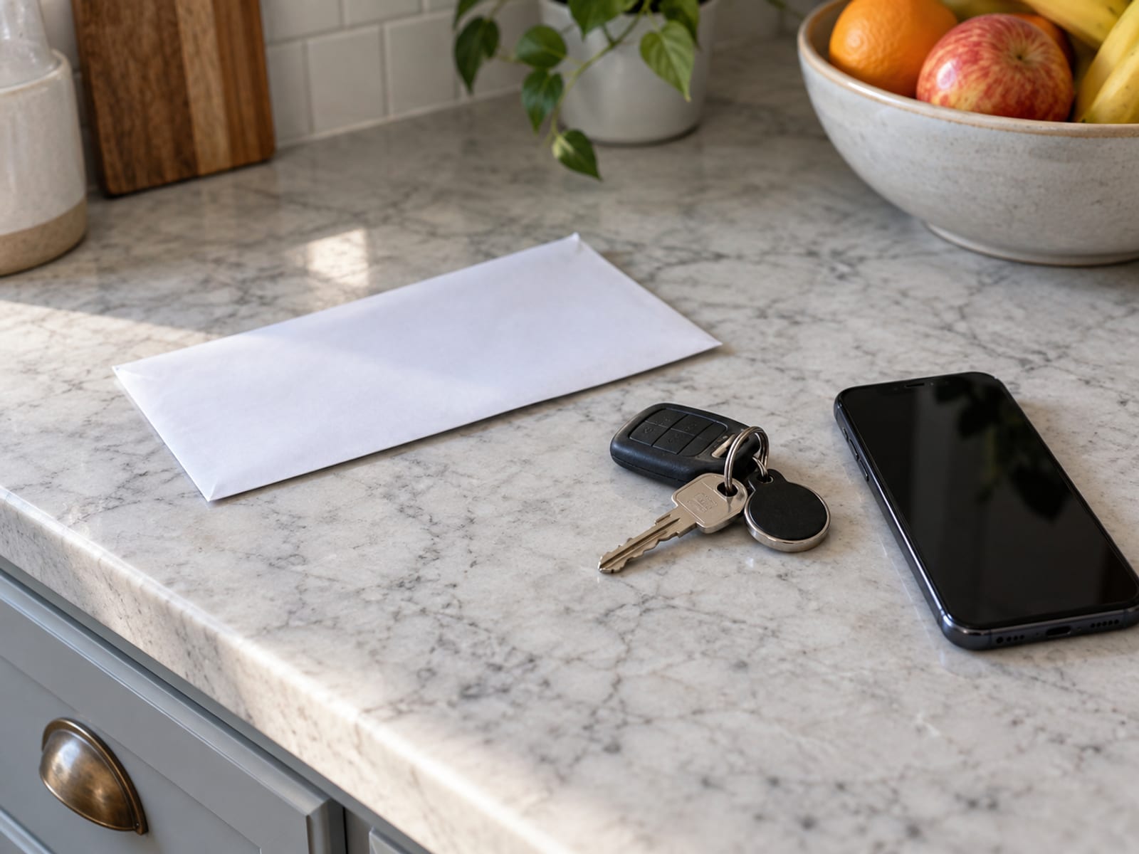 An unopened envelope and a set of car keys on a kitchen counter beside a phone with a dark screen