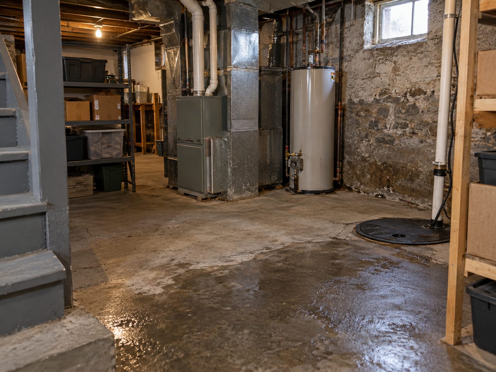 An unfinished basement with a furnace, a water heater and a sump pit on a concrete floor