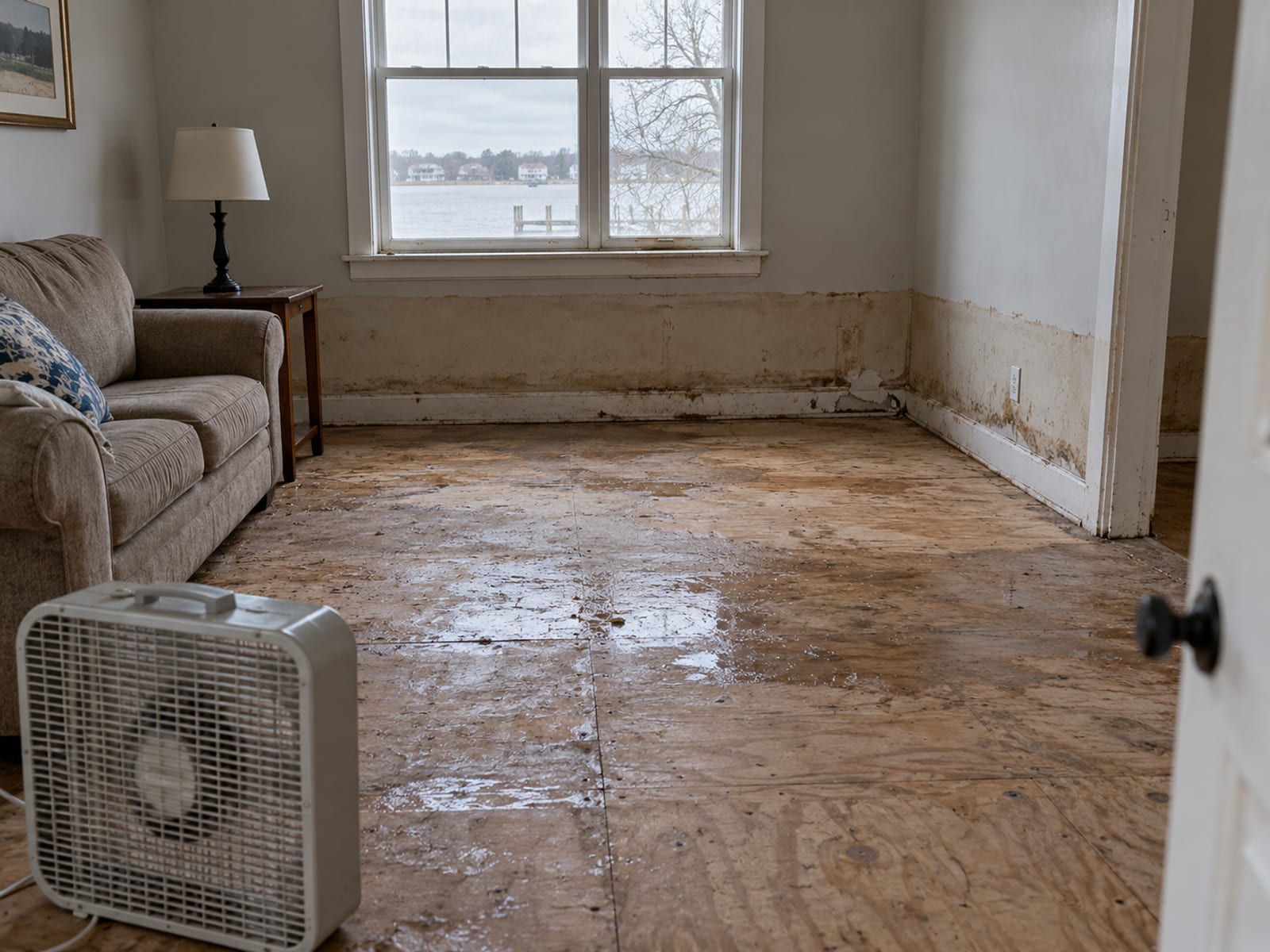 A living room after floodwater receded, with a visible water line on the wall and furniture moved aside