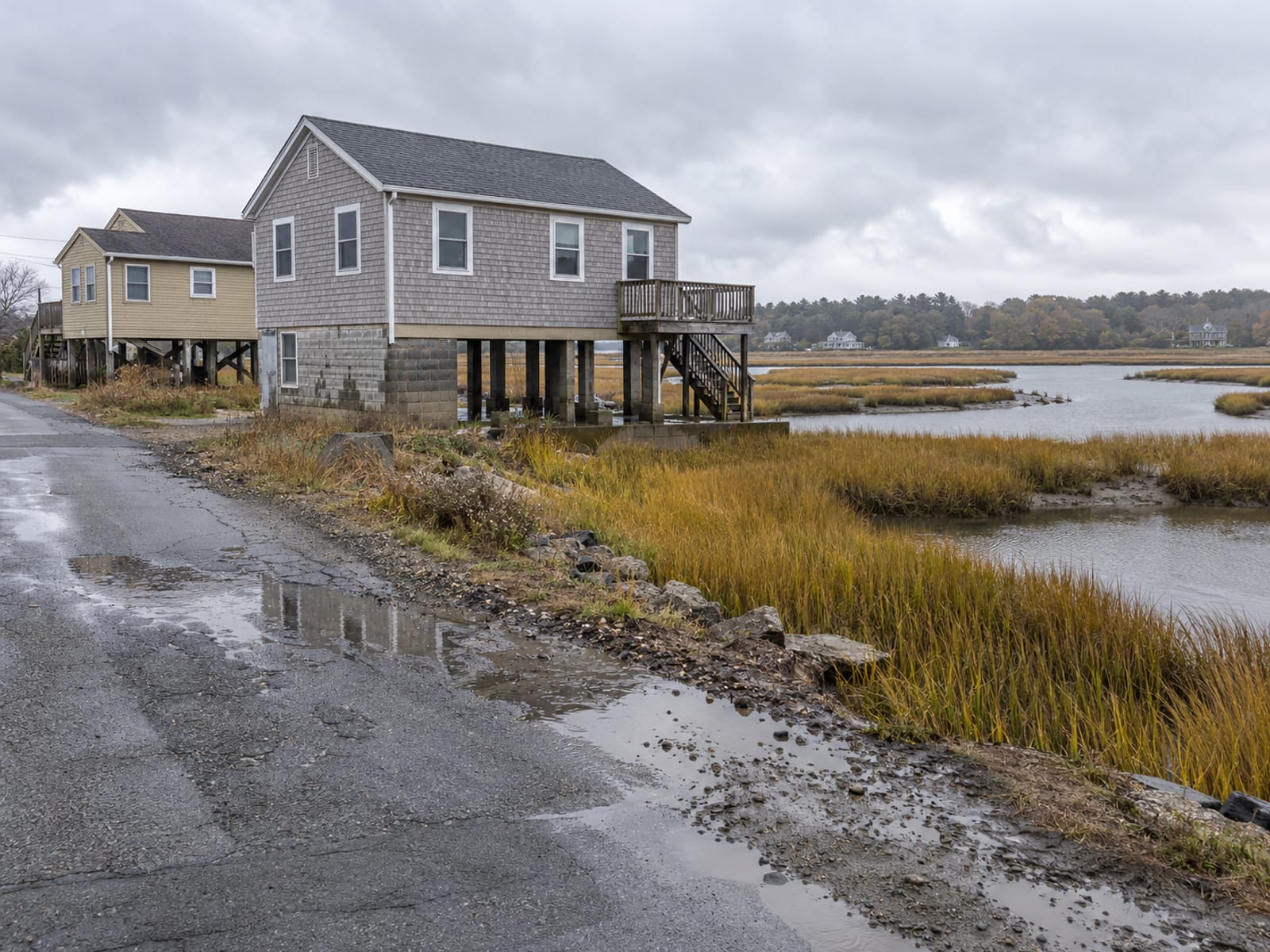 A low-lying residential street near a salt marsh with houses raised on foundations under a cloudy sky