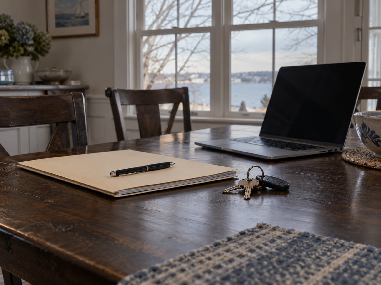 A tidy desk with a closed mortgage folder, a pen and a set of house keys beside a laptop with a dark screen