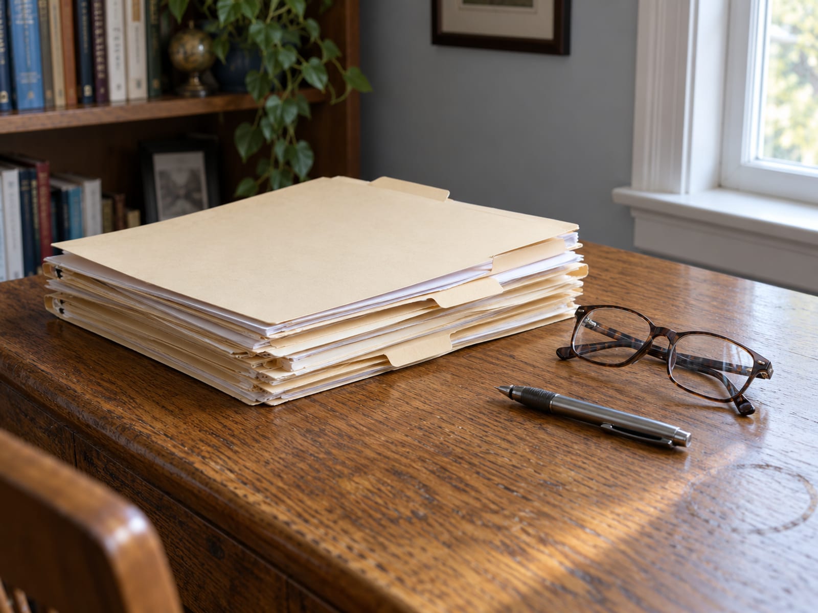 A desk with a stack of unmarked health plan folders, a pair of reading glasses and a pen