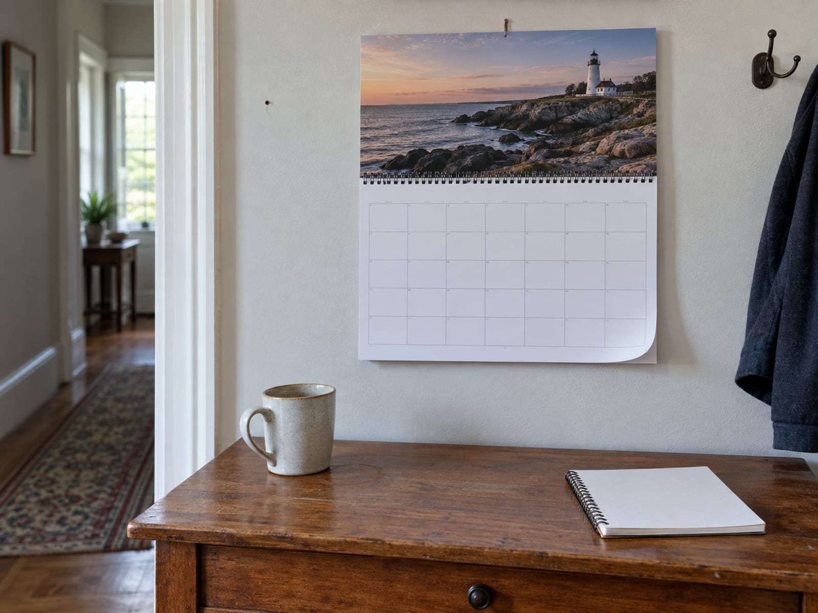 A wall calendar with blank date squares hanging above a tidy desk with a pen and a folder