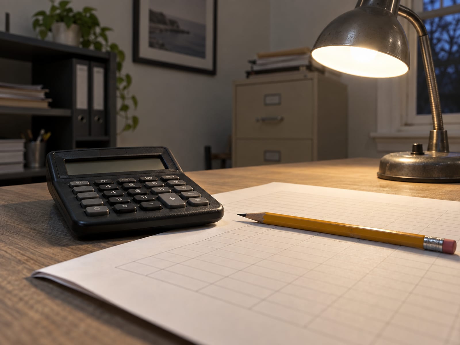A calculator, a pencil and a blank worksheet on a wooden desk beside a lamp