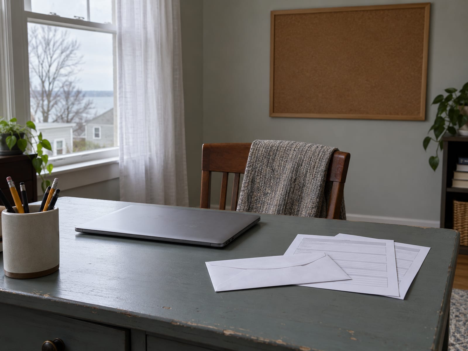 A home office desk with a closed laptop, an envelope and a neat stack of blank tax forms