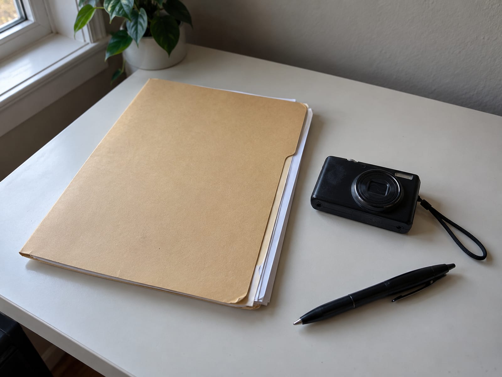 A desk with a closed folder of blank claim forms, a small camera and a pen