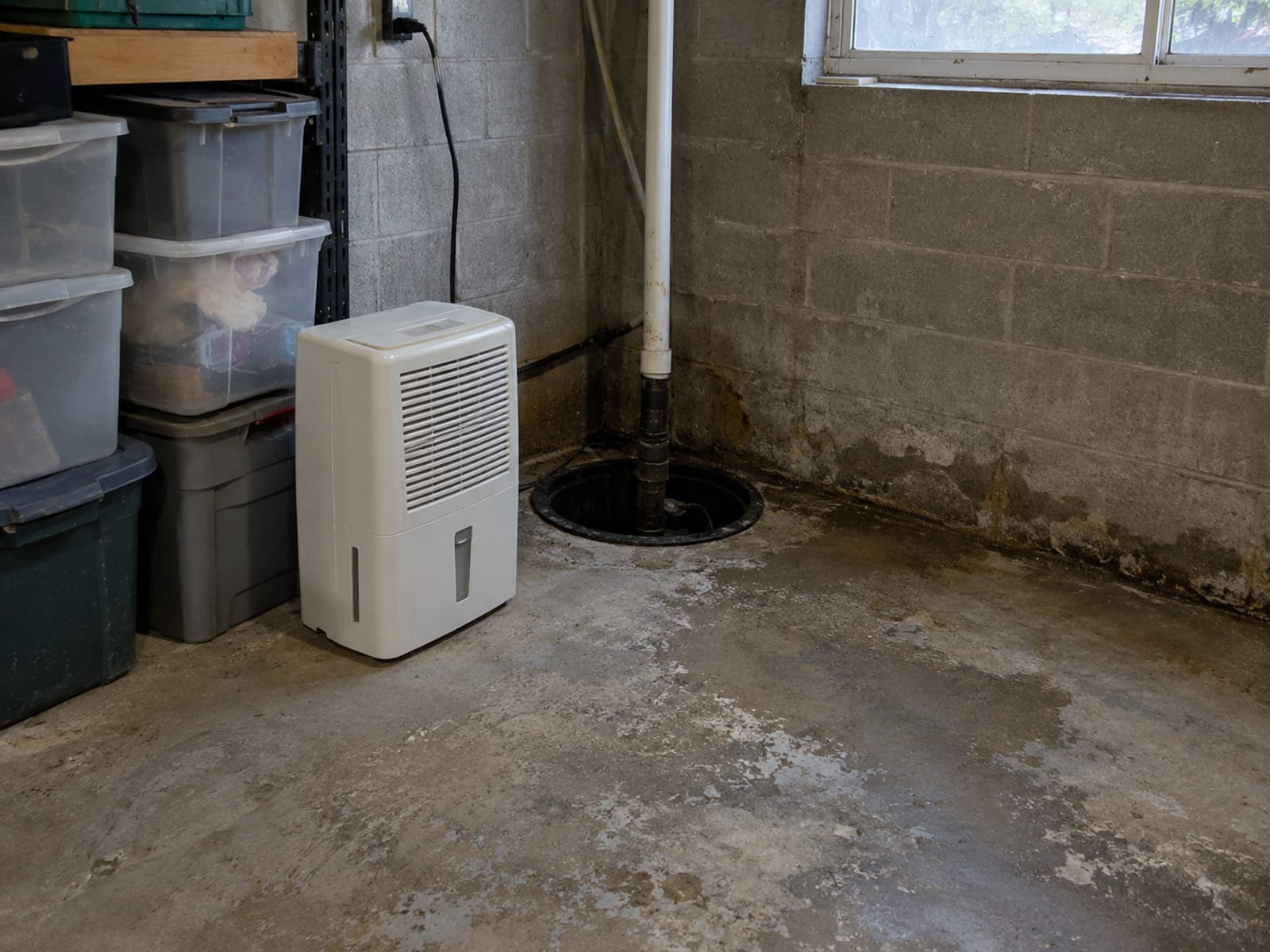 A basement corner with a sump pump pit, a dehumidifier and stored plastic bins on a concrete floor