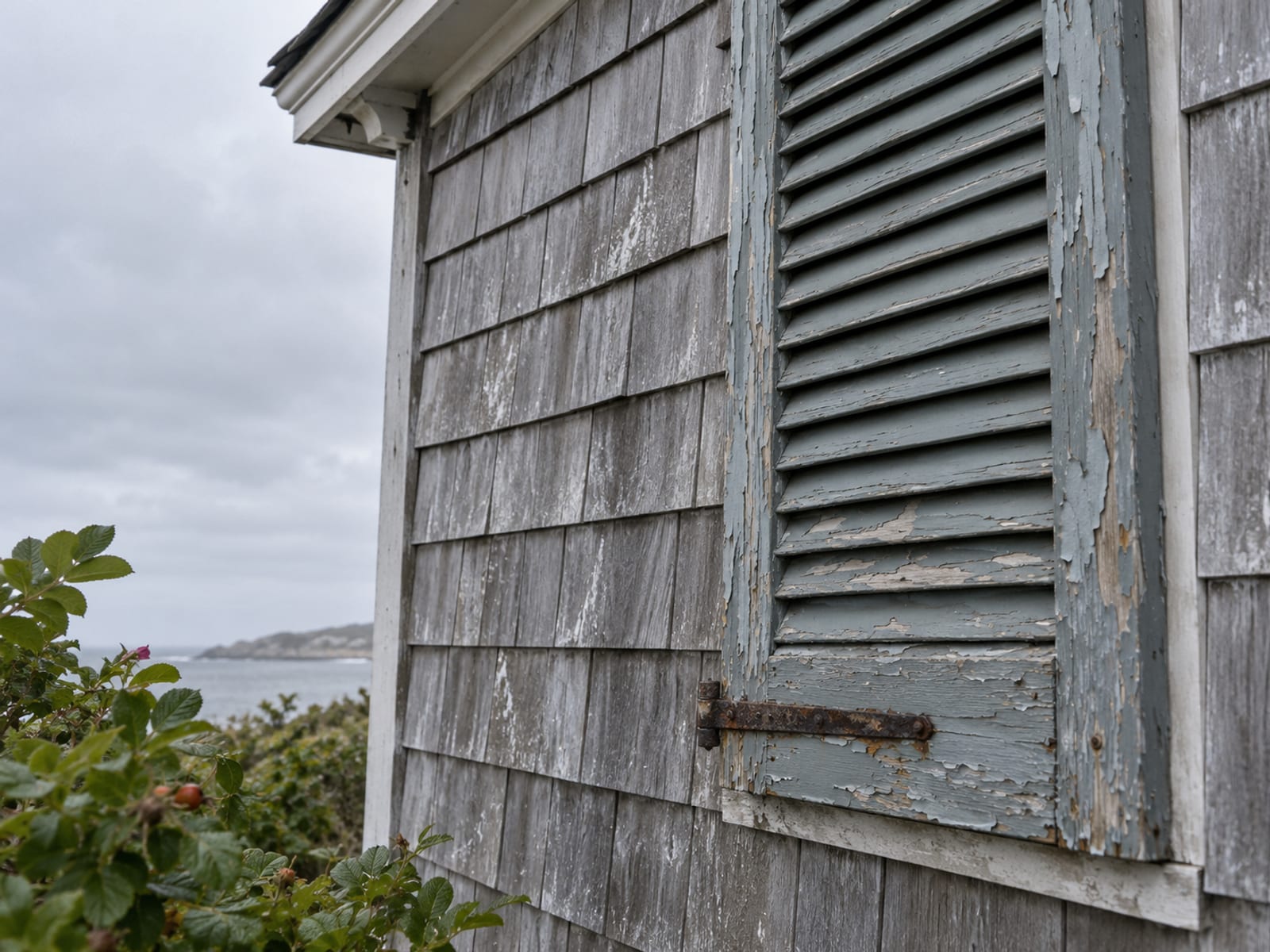 Weathered cedar shingles and a storm shutter on a coastal house under a gray sky