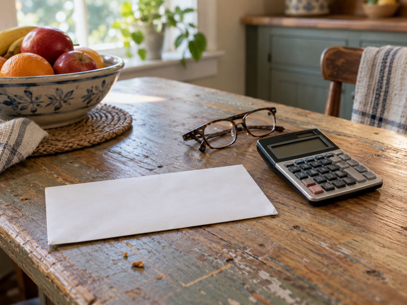 A homeowner's kitchen table with an unmarked renewal envelope, a calculator and reading glasses