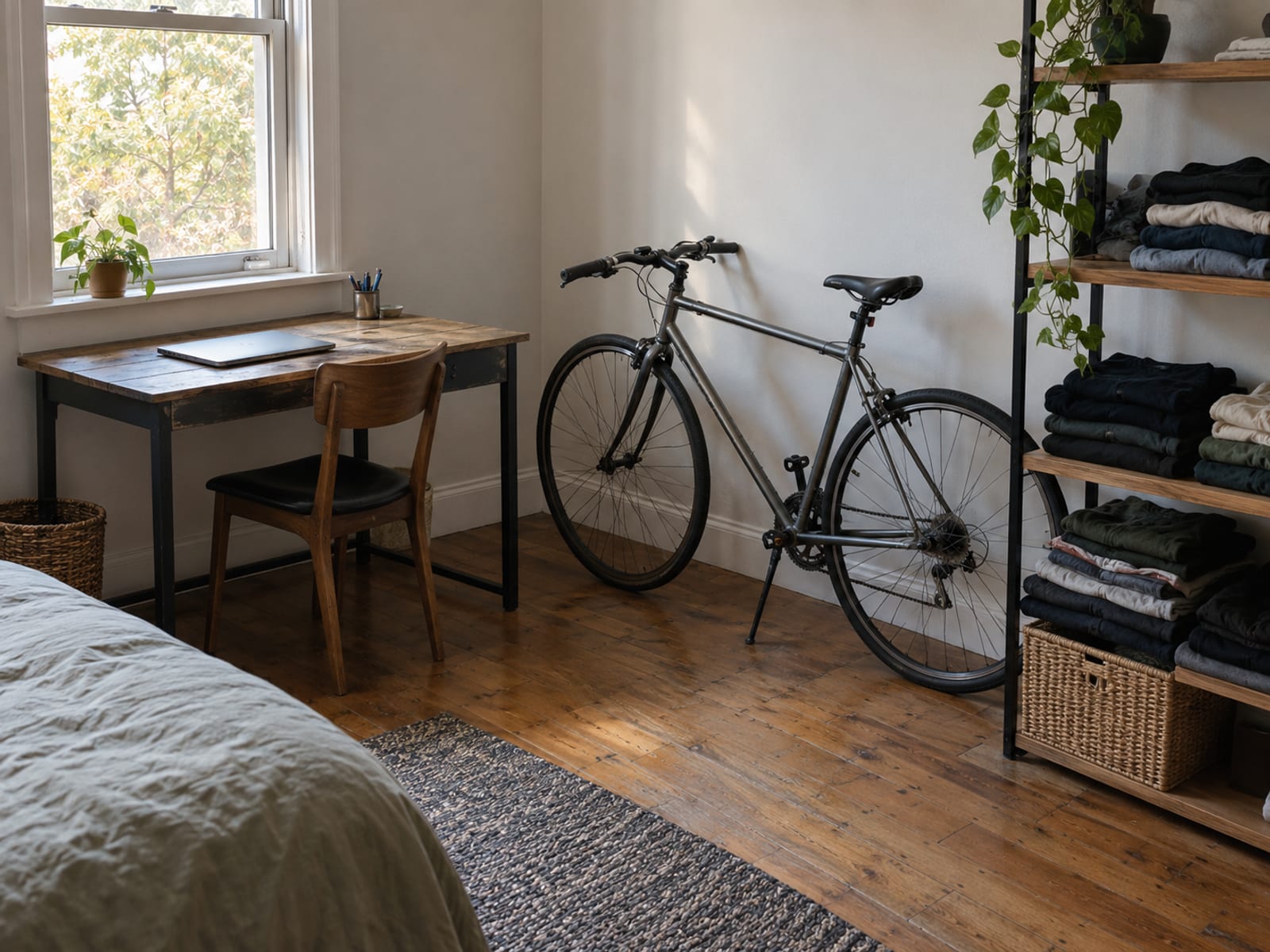 An apartment bedroom corner with a desk, a laptop, a bicycle against the wall and a shelf of clothes