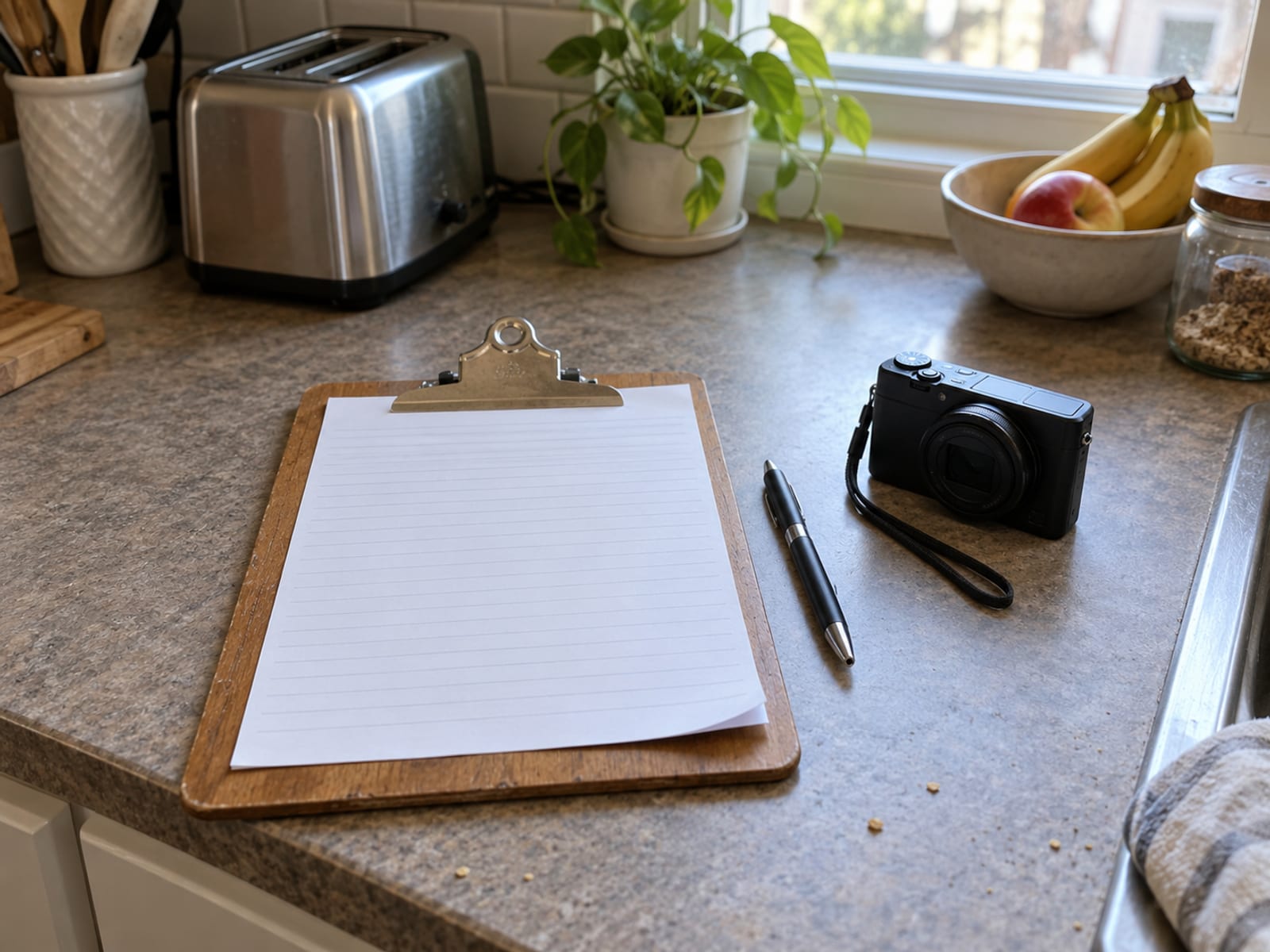 A clipboard with a blank inventory sheet, a pen and a small camera on a kitchen counter