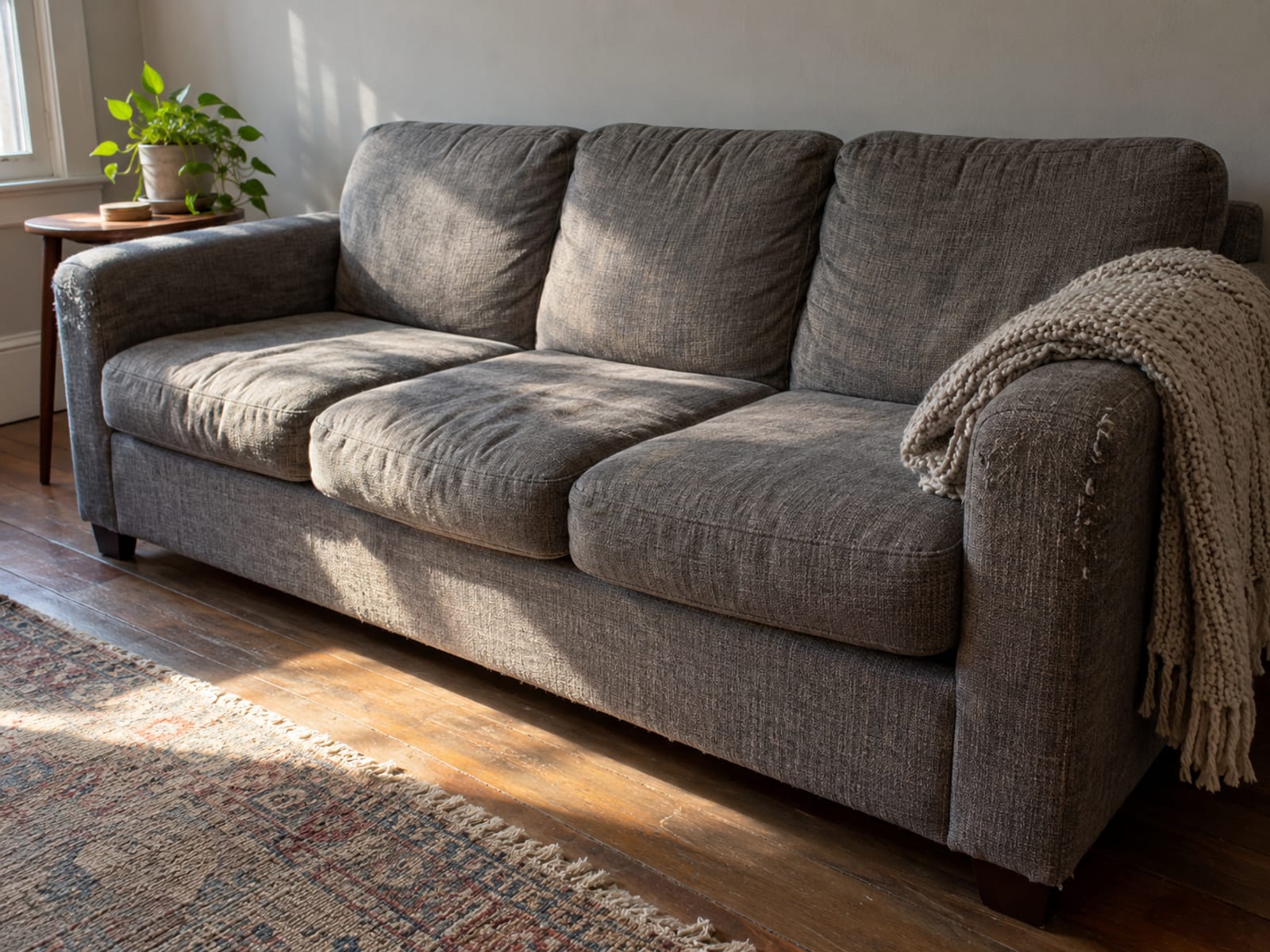 A worn fabric couch with a throw blanket in a sunlit apartment living room