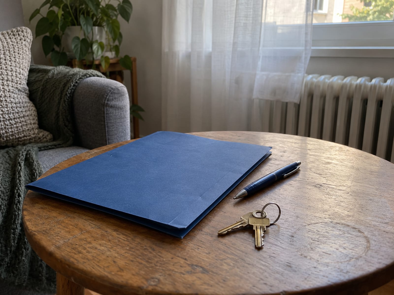 A lease agreement folder, a pen and a set of apartment keys on a small wooden table