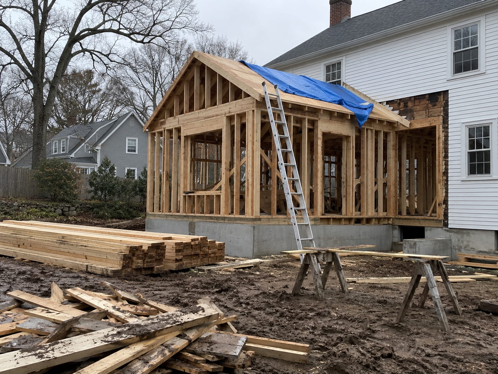 A residential job site with stacked lumber, a ladder and sawhorses beside a partly framed addition