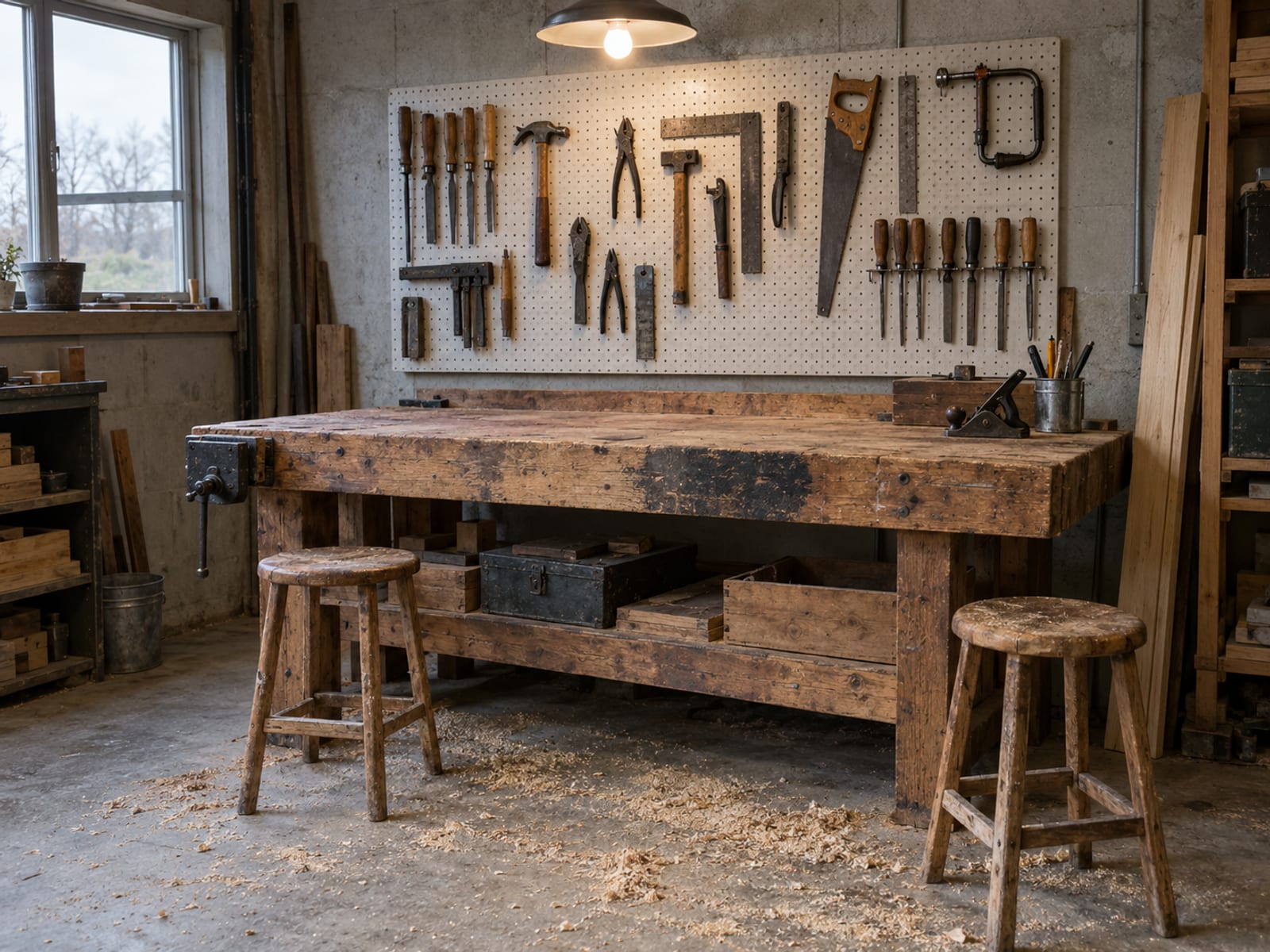A small workshop with a workbench, hand tools on a pegboard and a few stools