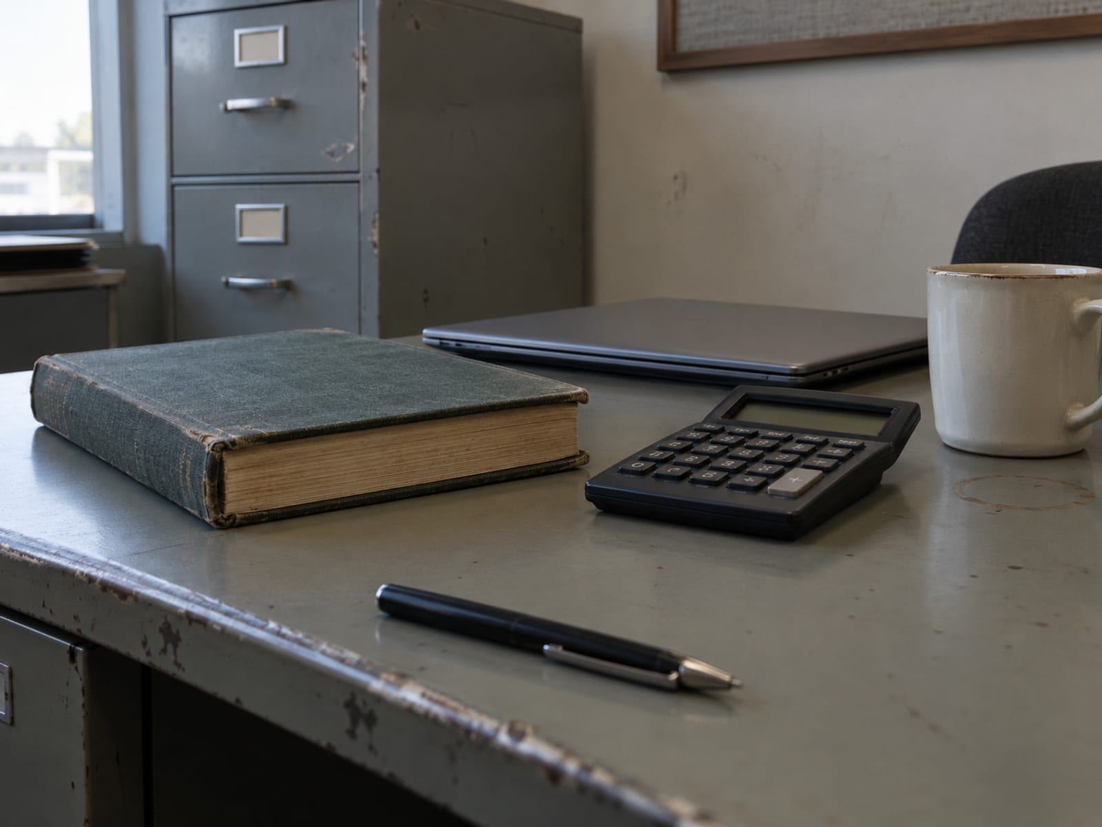 An office desk with a ledger book, a calculator and a closed laptop beside a coffee mug