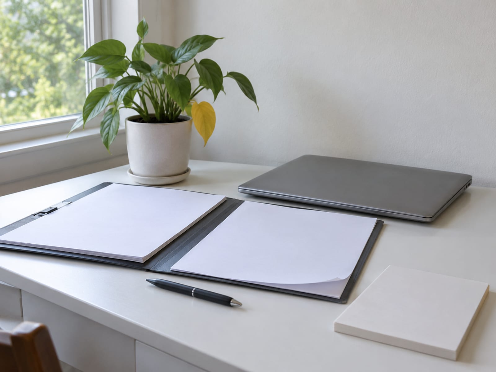 A home desk with a closed laptop, a folder of blank forms and a pen beside a potted plant