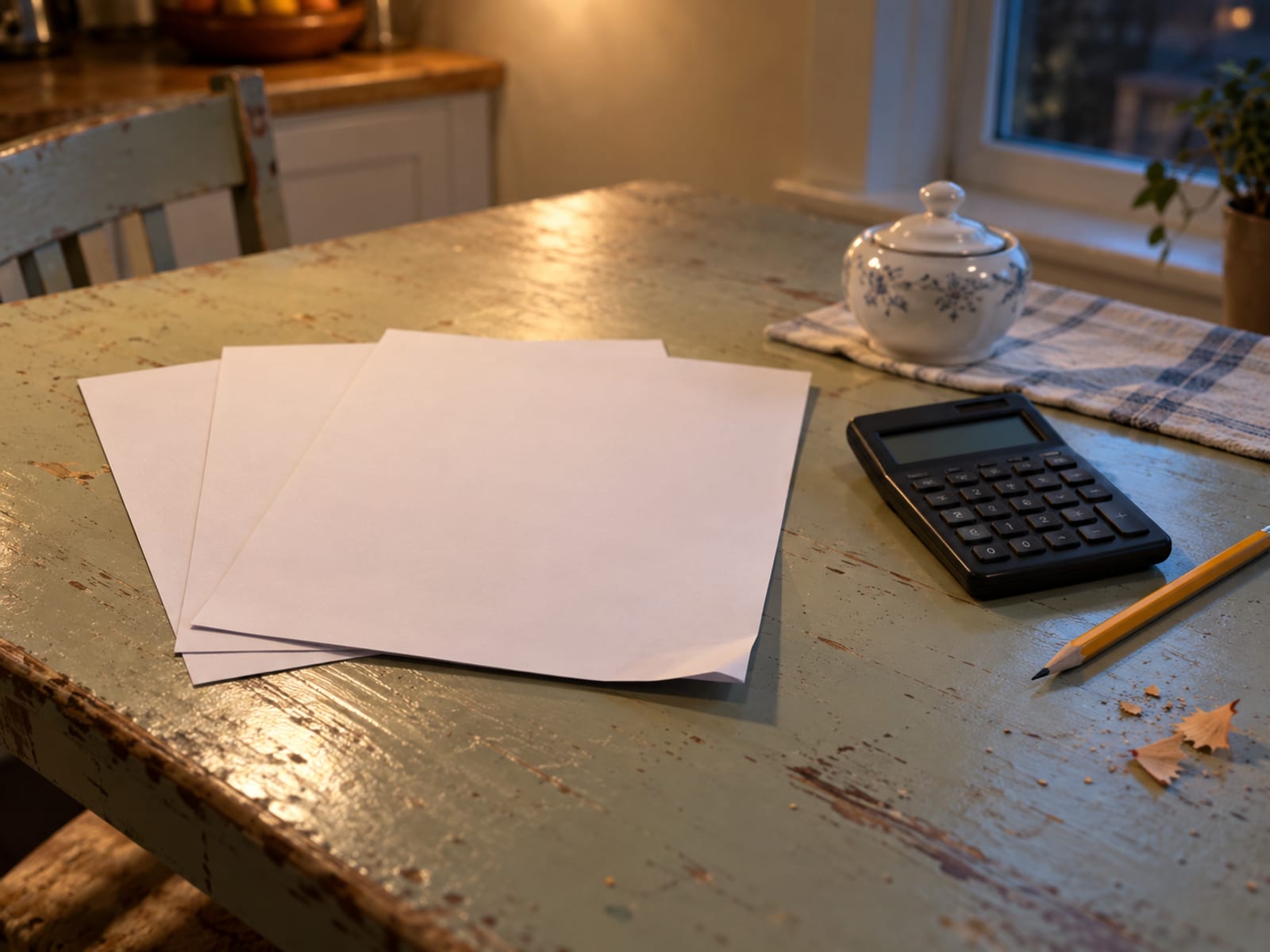 A kitchen table with a stack of pay stubs face down, a calculator and a pencil