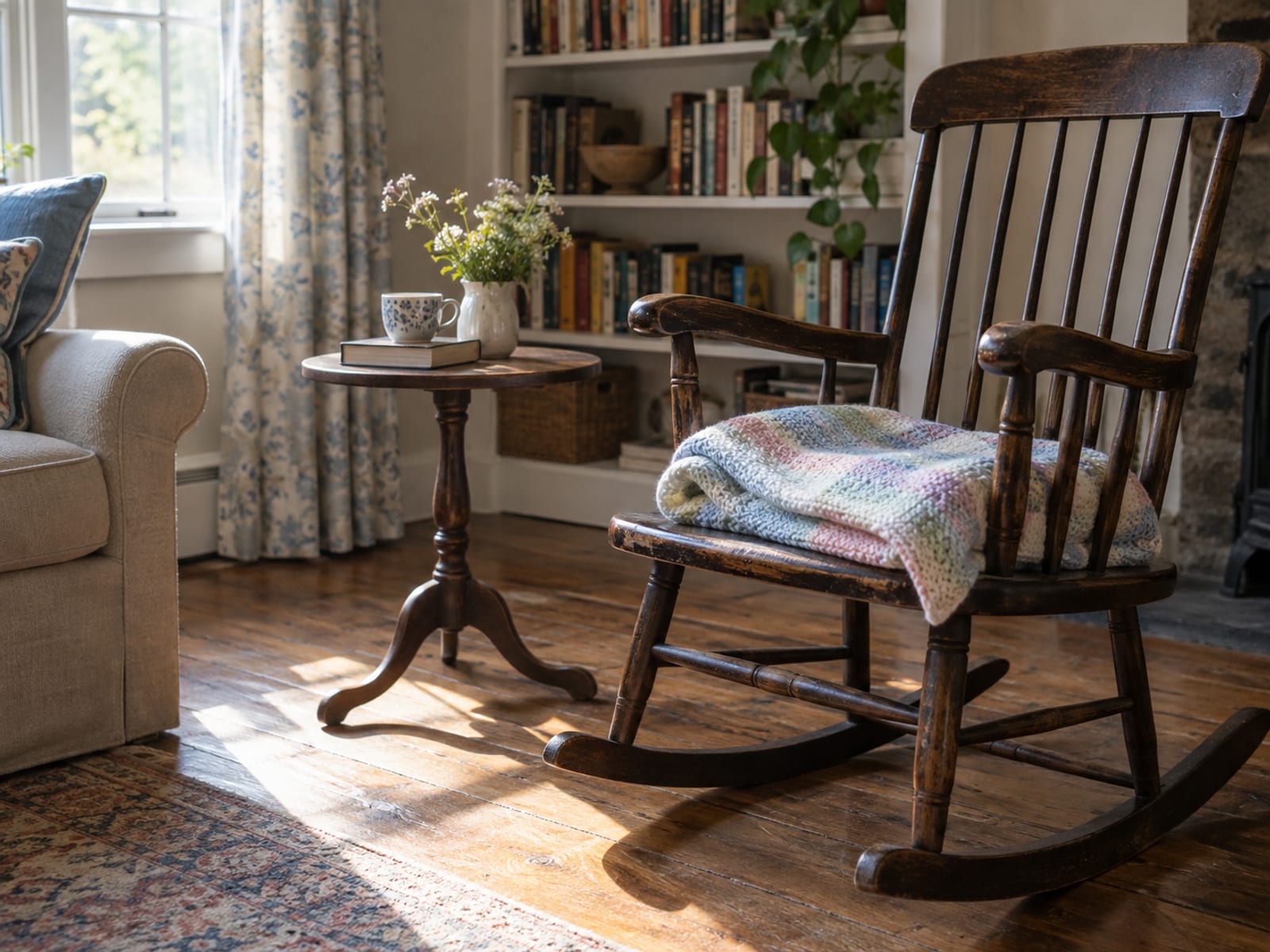 A sunlit living room with a rocking chair, a folded baby blanket and a small side table