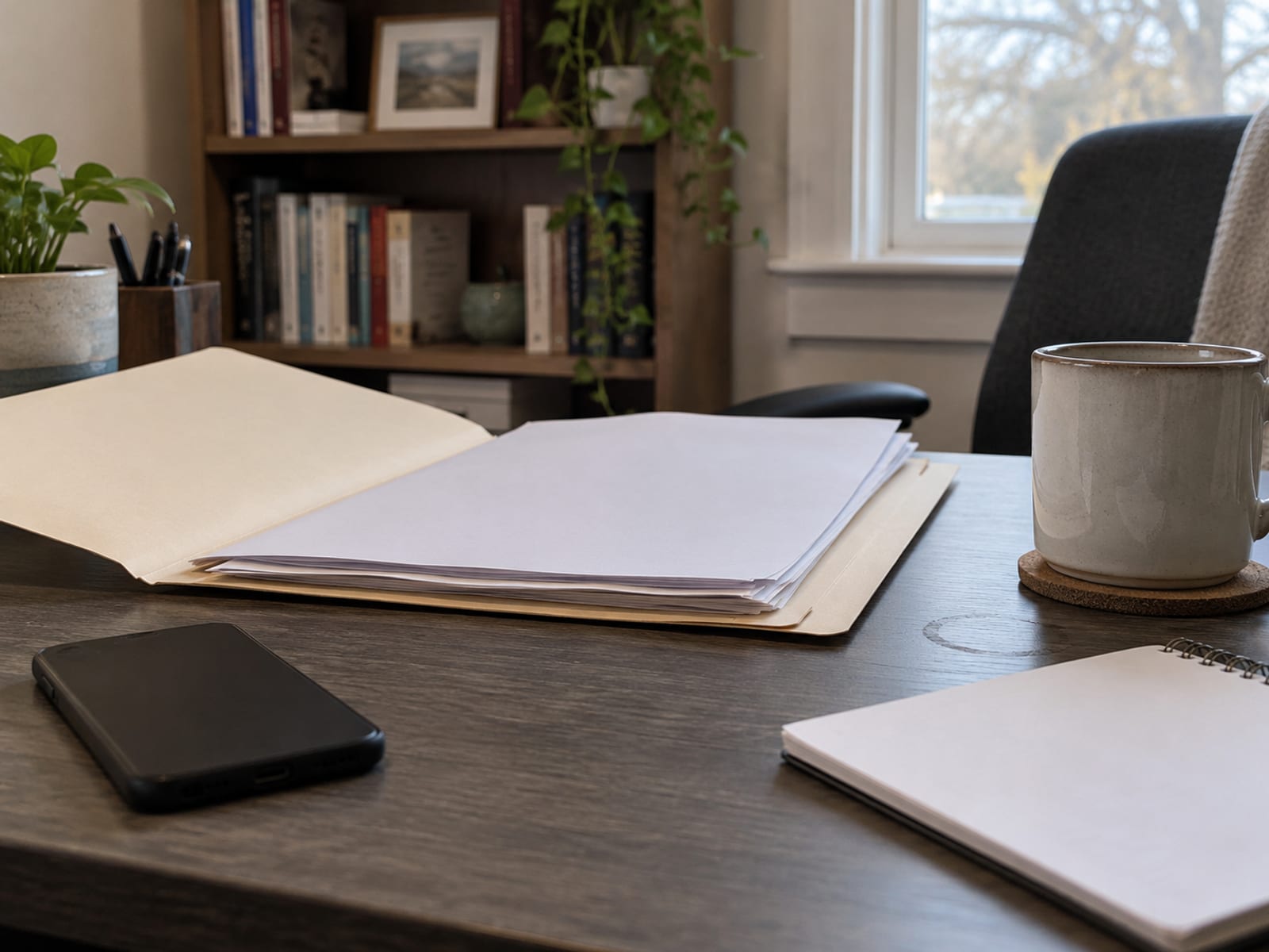 A folder of blank papers, a phone and a notepad on a desk next to a coffee mug