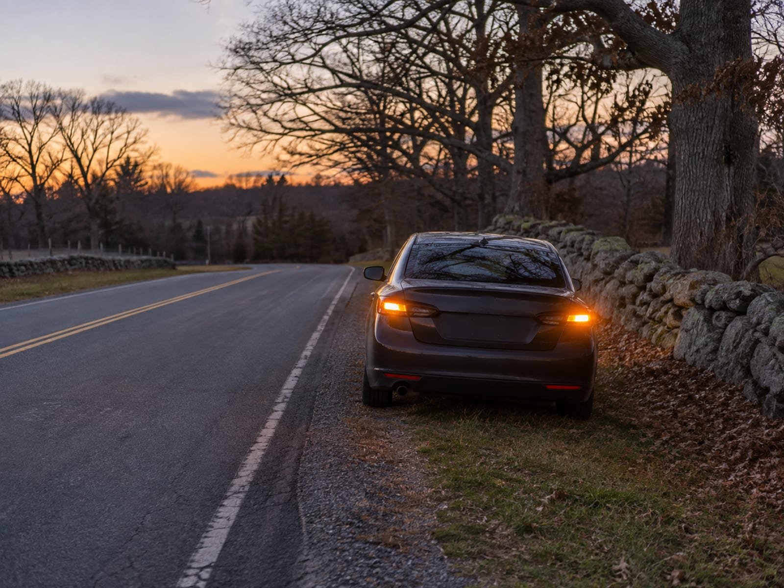 A two-lane road at dusk with one car parked on the shoulder and its hazard lights on
