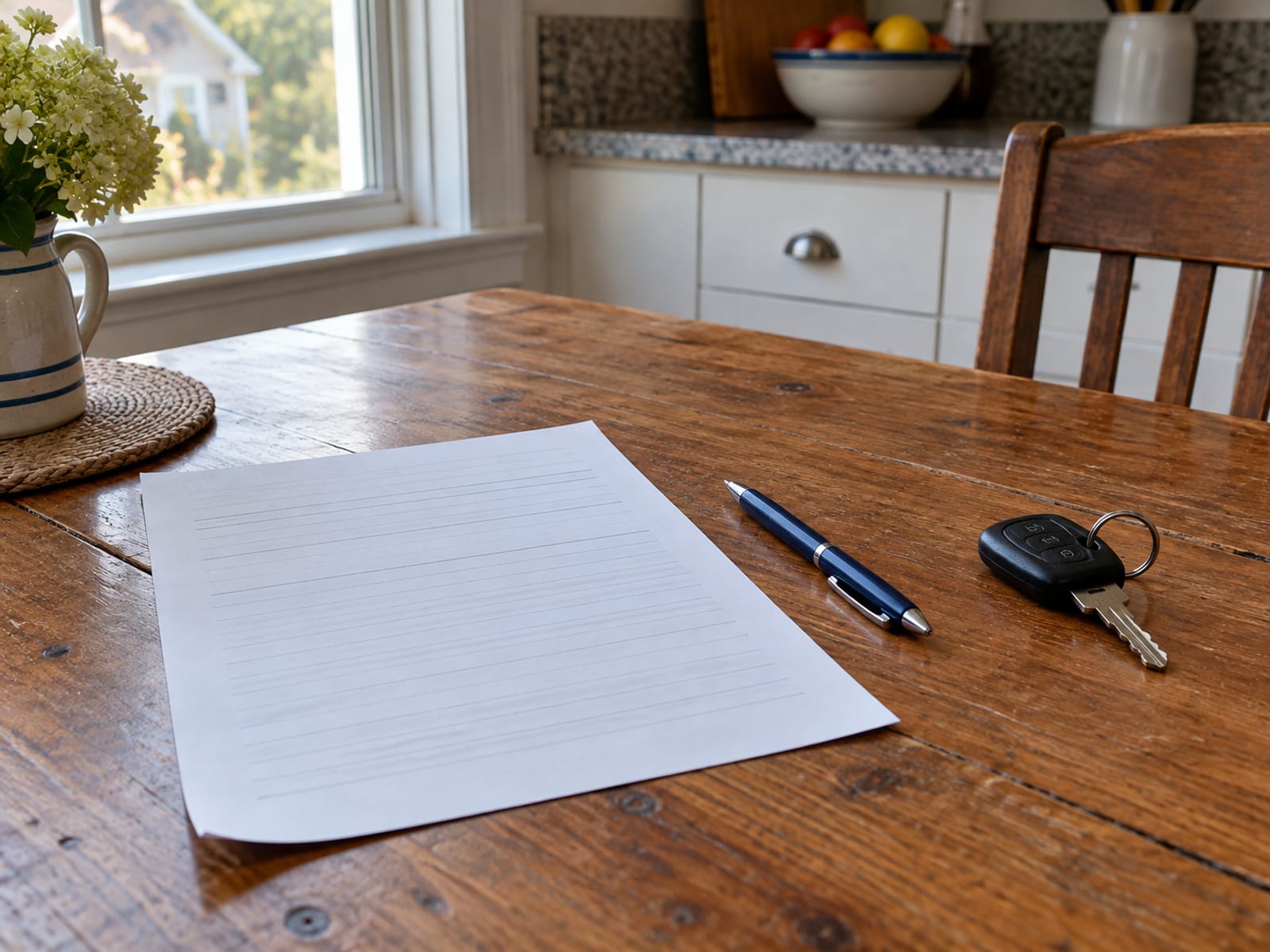 A blank form and a pen on a kitchen table beside a set of car keys