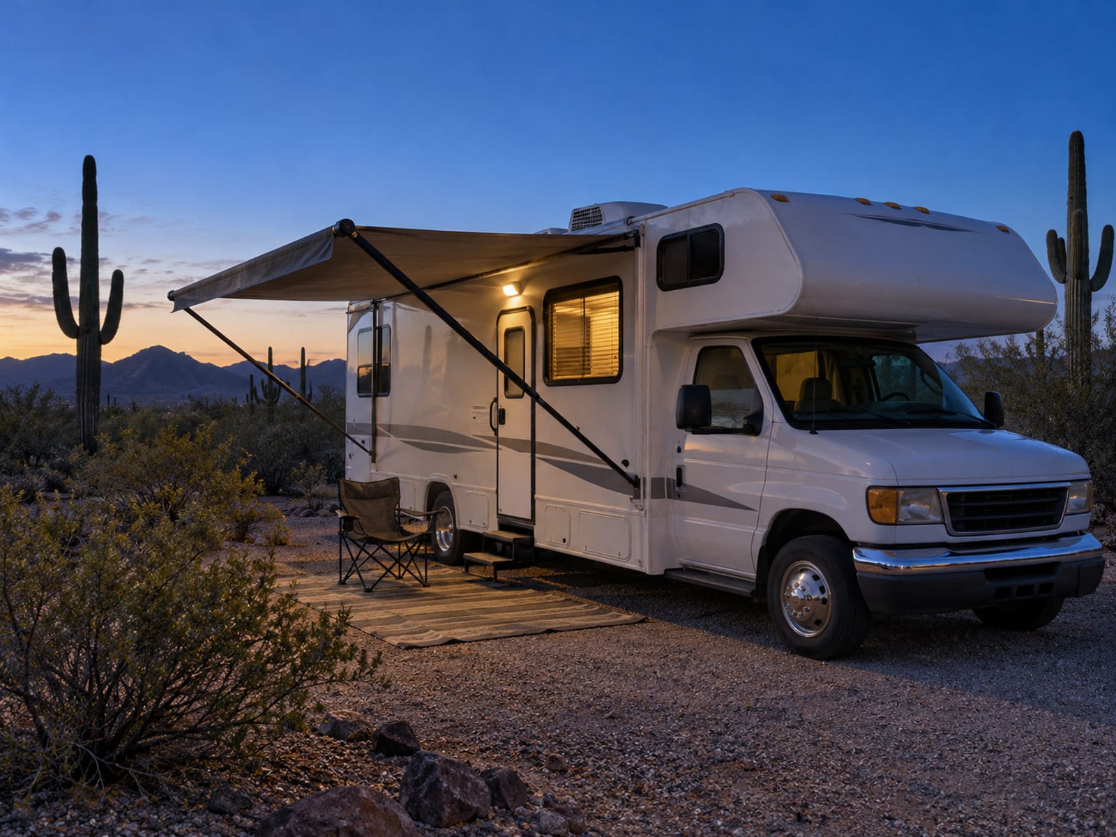 A Class C motorhome parked at a quiet campsite at dusk with its awning extended and no logos visible