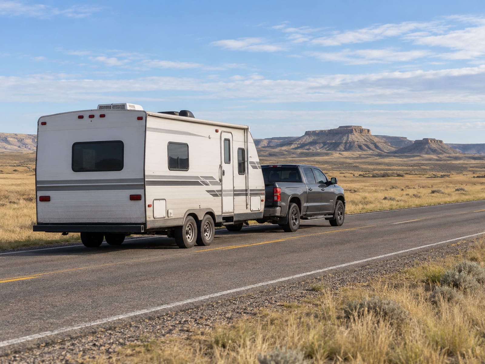 A pickup truck towing a travel trailer along an open highway with no readable signs, badges or plates