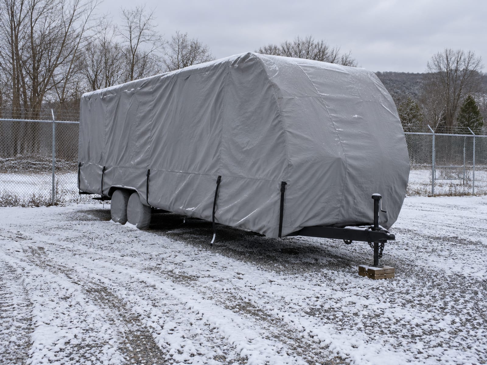 A travel trailer under a fitted cover in an empty storage lot with light snow on the ground