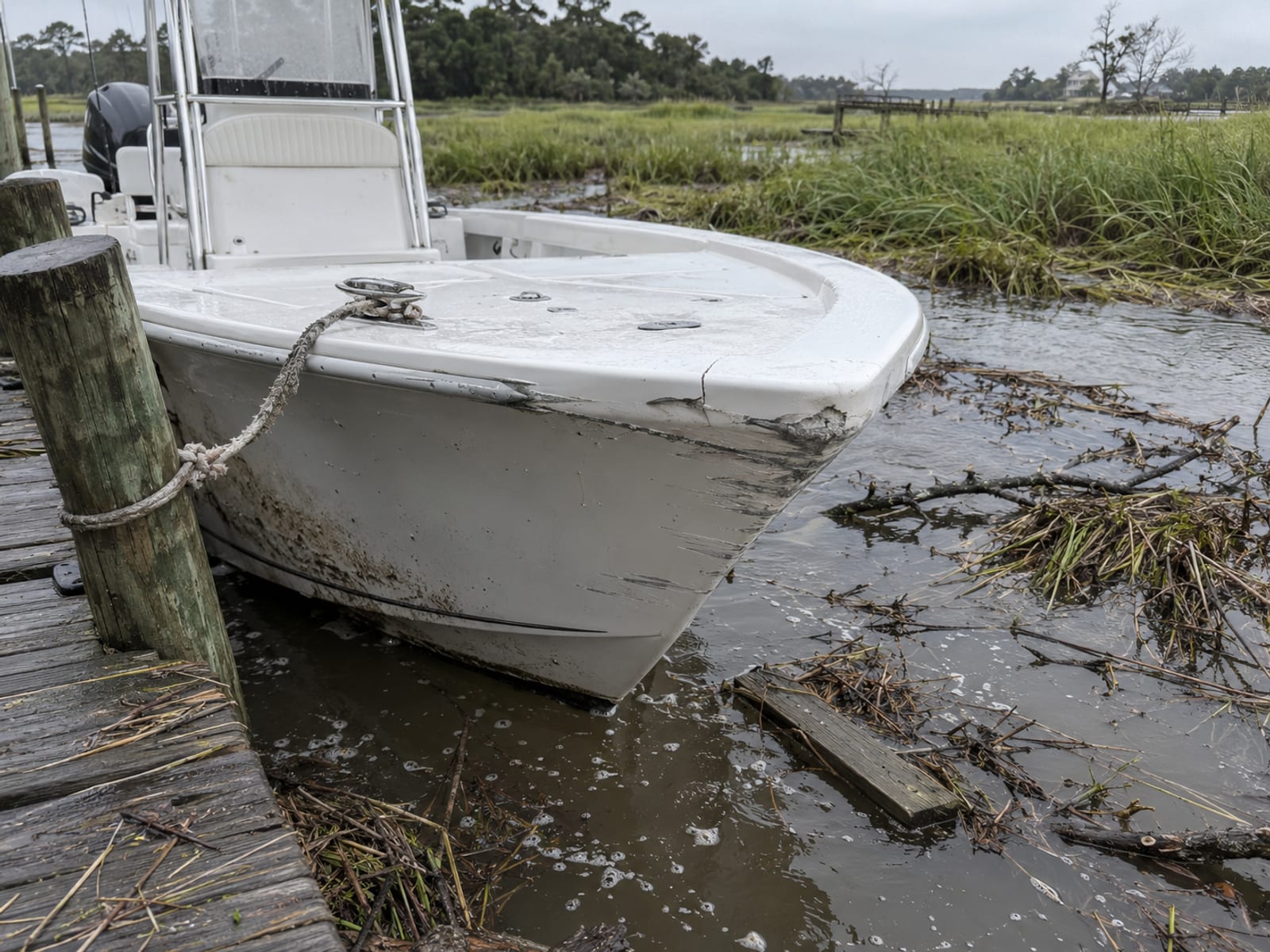 A small fishing boat with a damaged bow tied to a dock after a storm