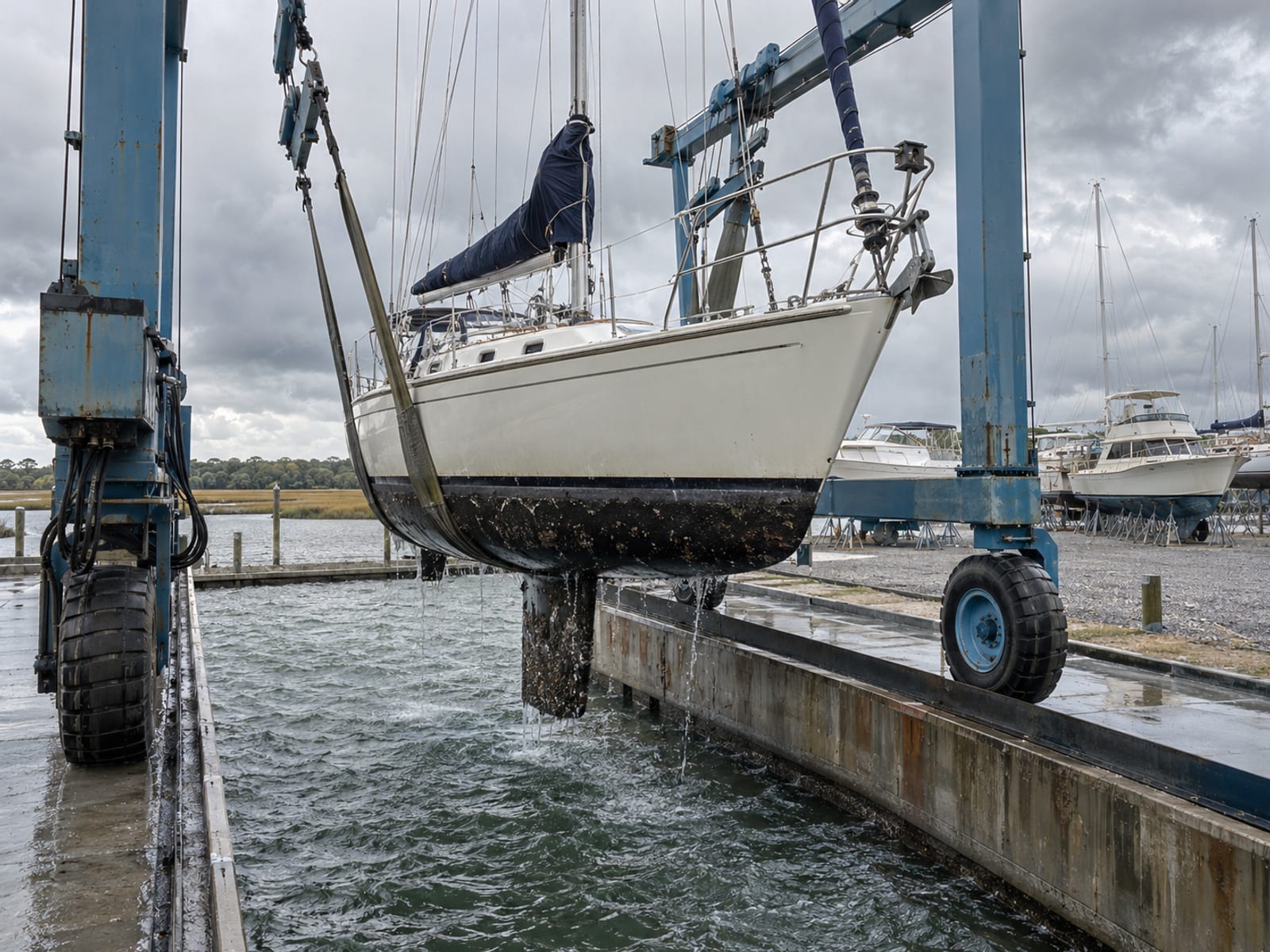 A sailboat lifted out of the water on a travel lift at a boatyard under a gray sky
