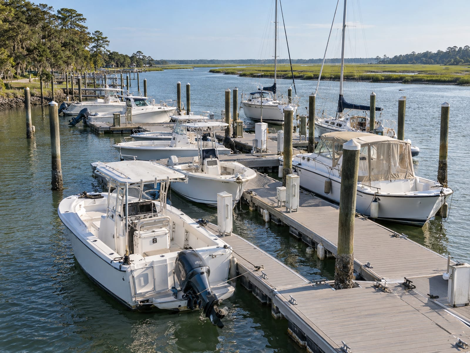 Rows of recreational boats tied in slips along a marina's floating docks