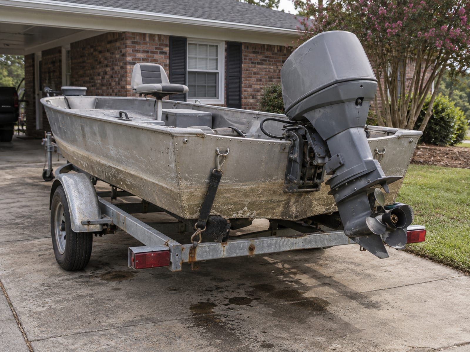 An outboard motor on the stern of a small aluminum fishing boat resting on a trailer in a driveway