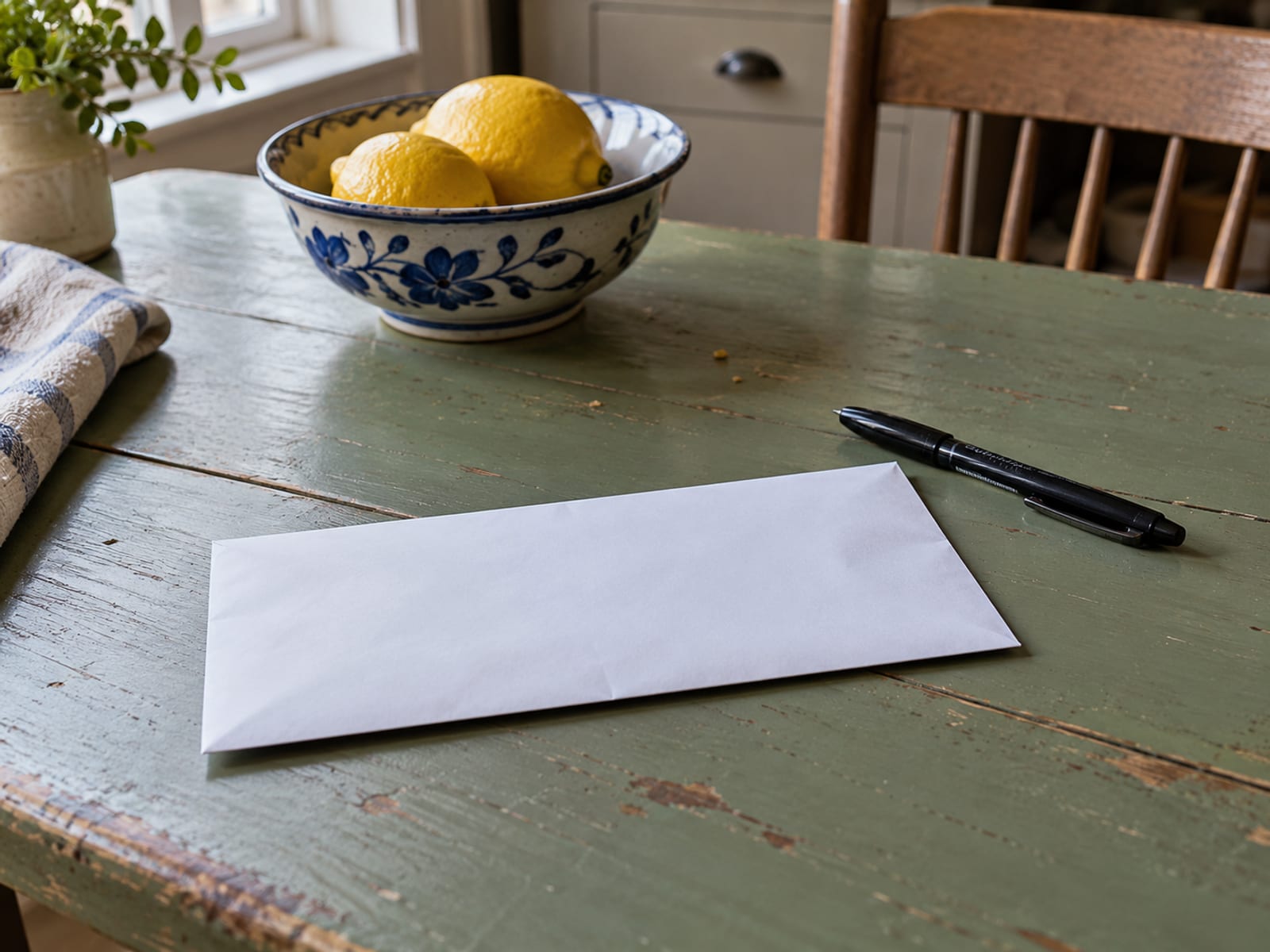 A plain white envelope and a pen resting on a kitchen table