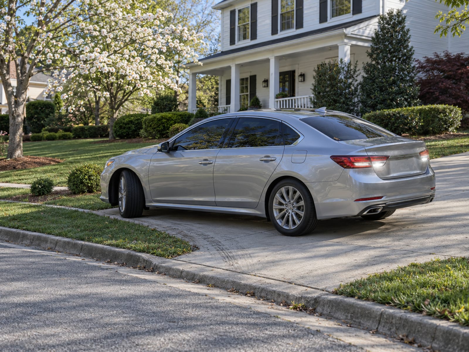 A sedan backing out of a driveway on a clear morning