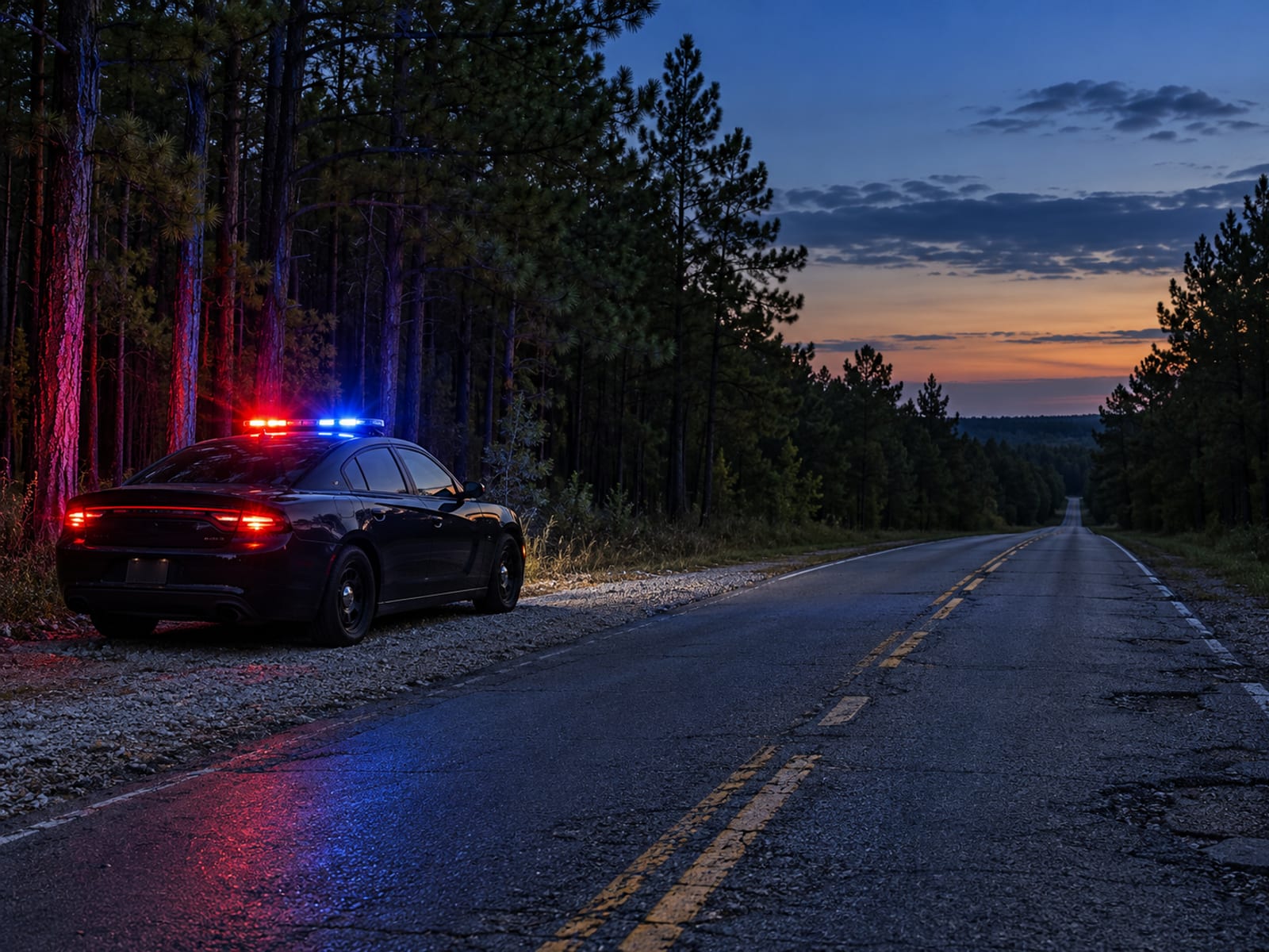 A police patrol car with its light bar on, parked on a road shoulder at dusk, seen from a distance
