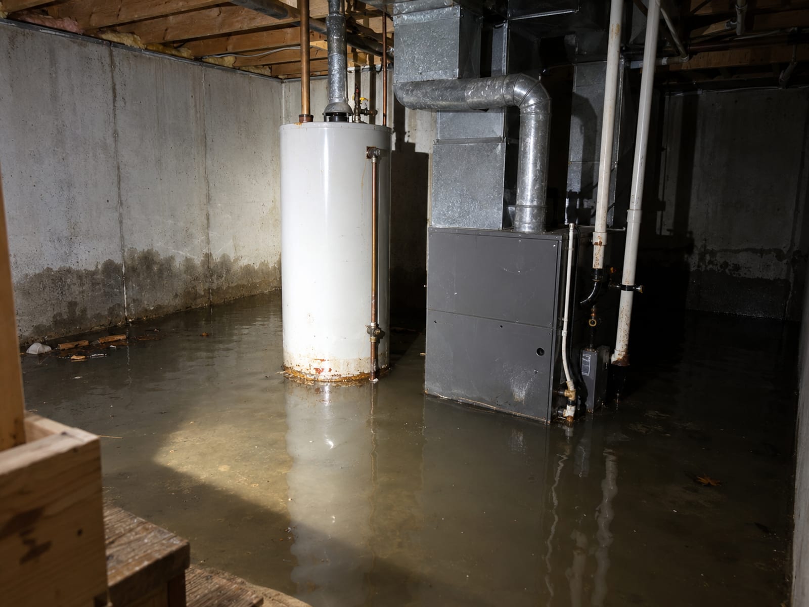 A water heater and furnace standing in shallow floodwater in an unfinished basement