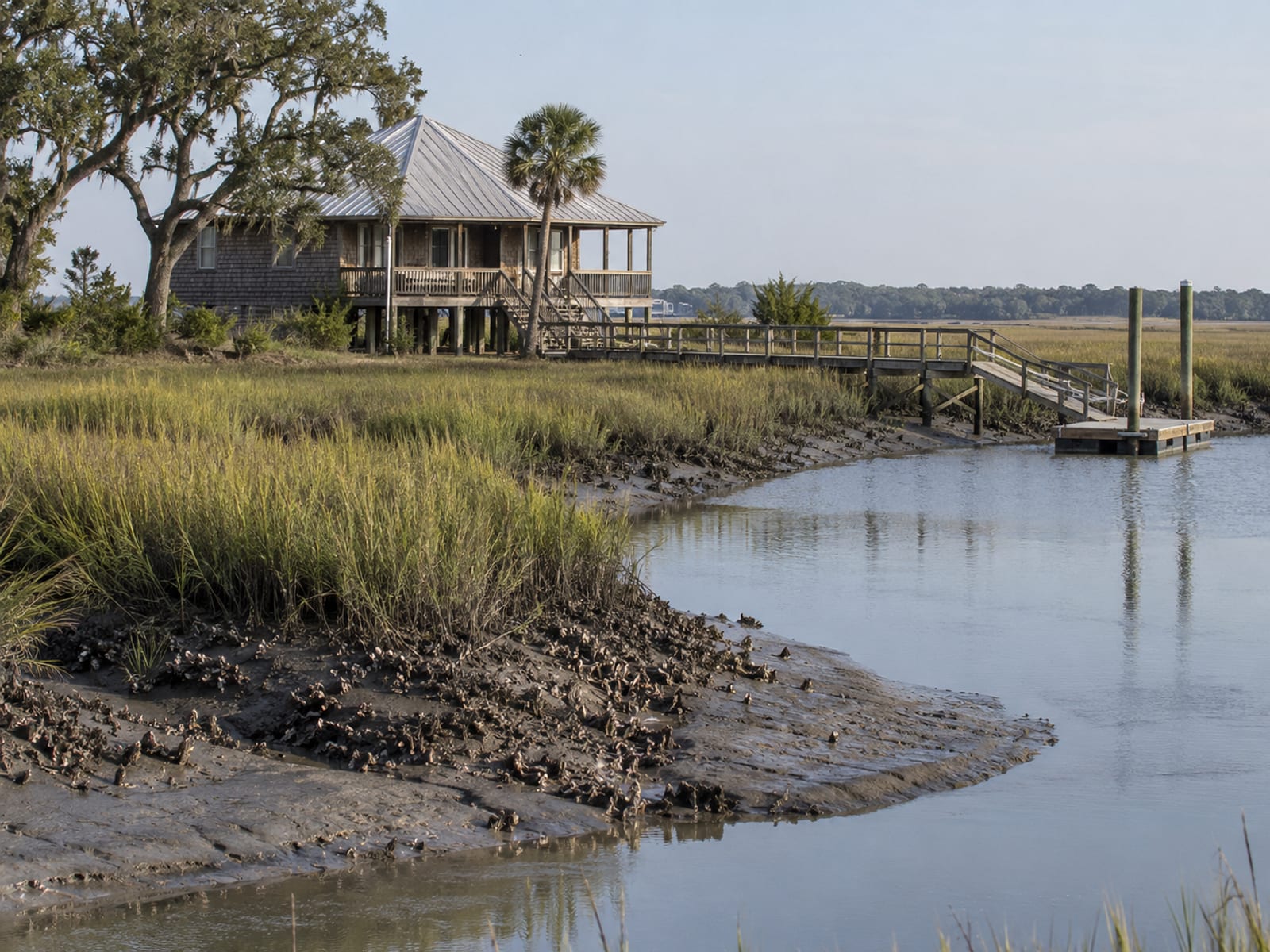 A raised house on pilings beside a marsh creek on the South Carolina coast