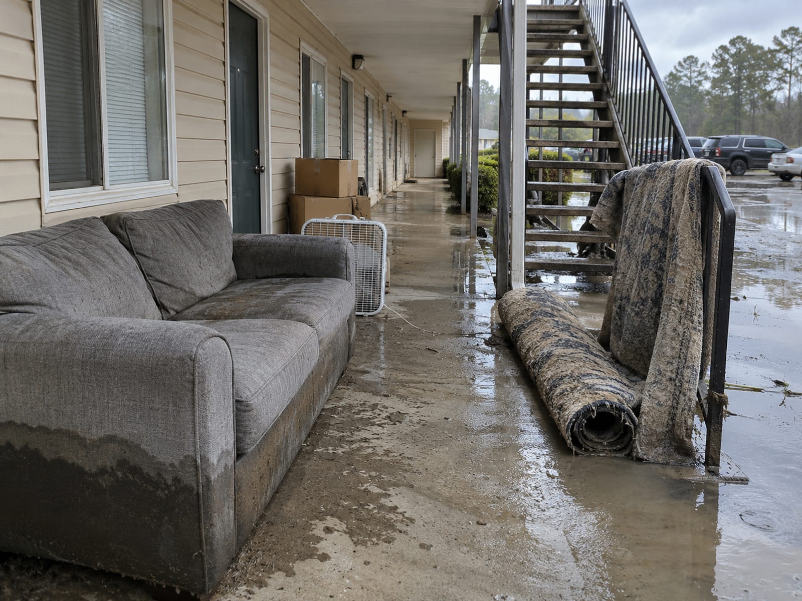 Wet rugs and a damp sofa set outside a ground-floor apartment to dry after a flood