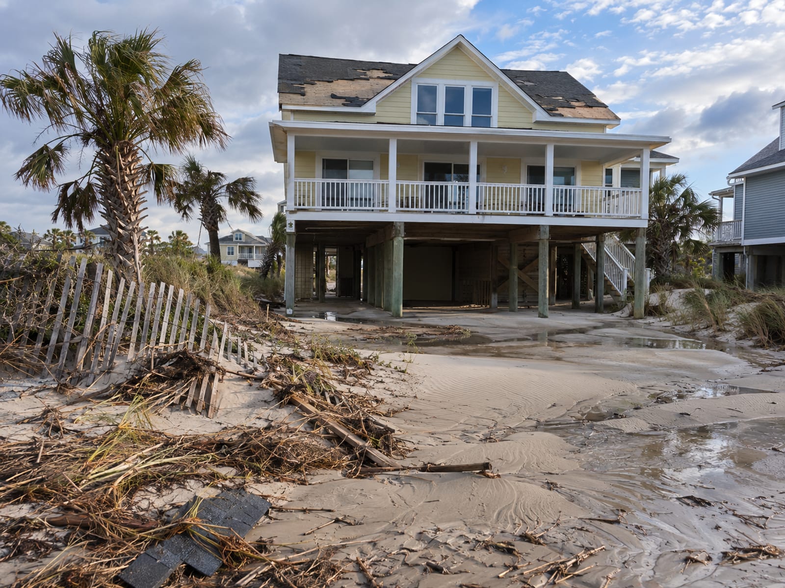 A coastal house with missing roof shingles and a sand-covered driveway after a storm