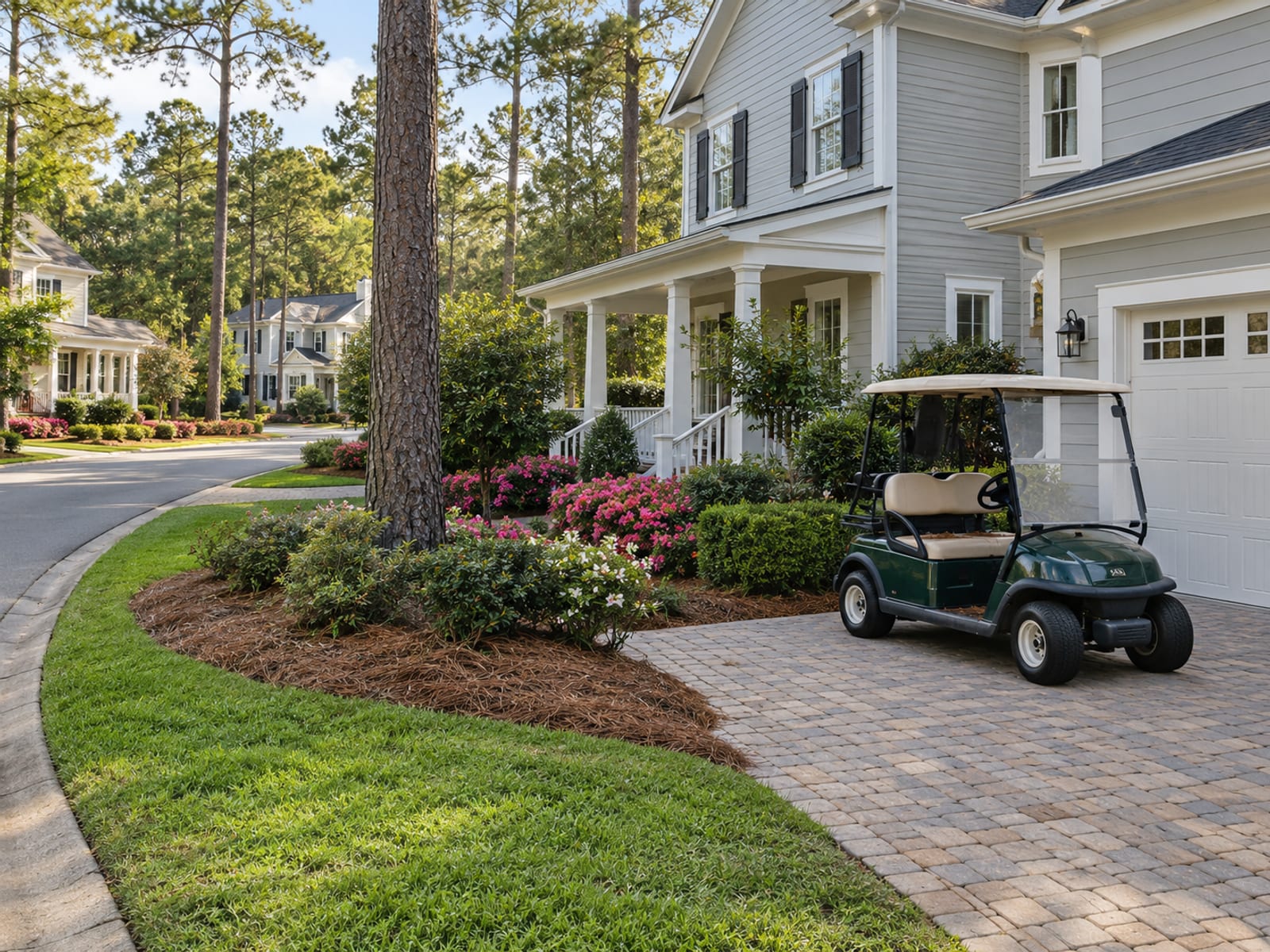 A golf cart parked beside a two-story house in a private residential community