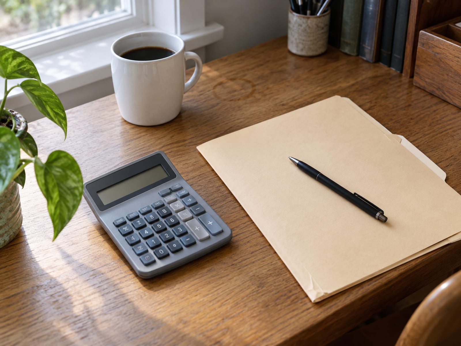 A calculator, a pen and a closed folder on a tidy desk beside a cup of coffee