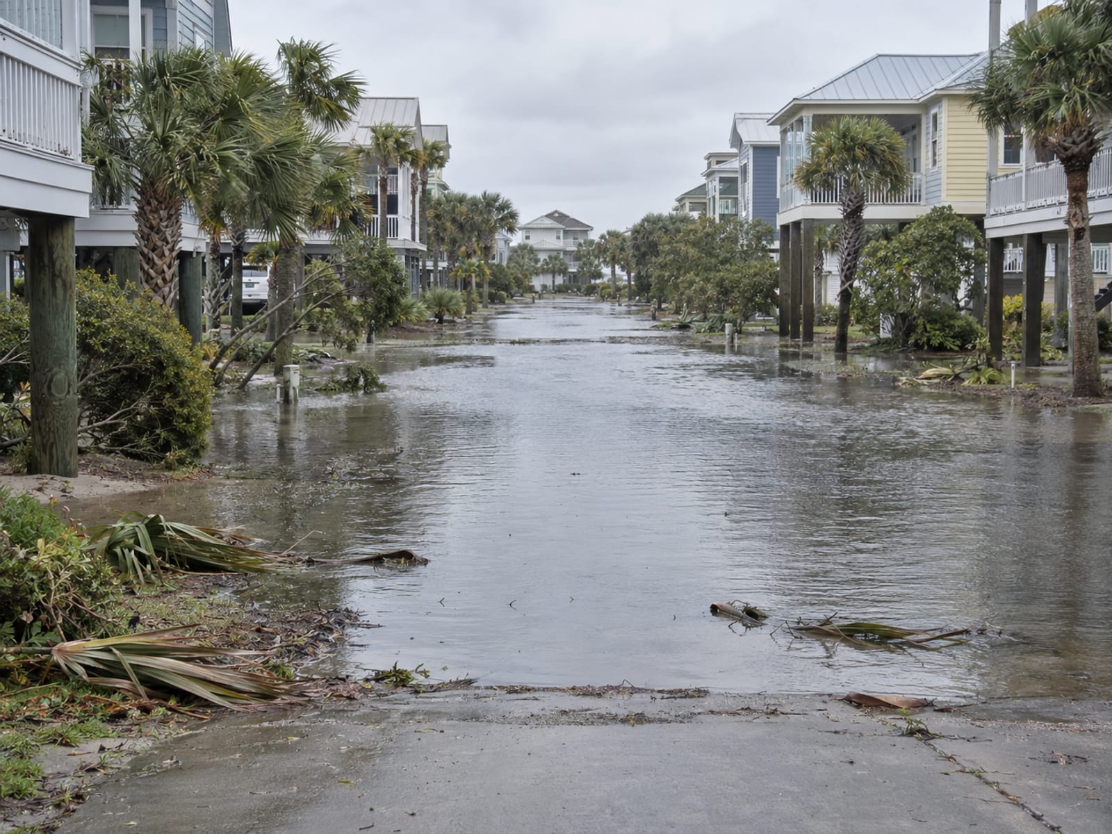 Standing floodwater along a lowcountry street lined with raised homes after a storm