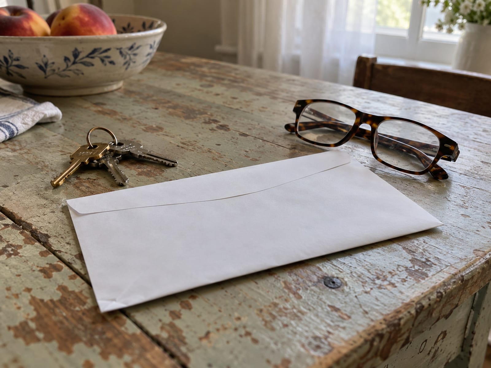 A sealed envelope resting on a kitchen table beside a set of house keys and reading glasses