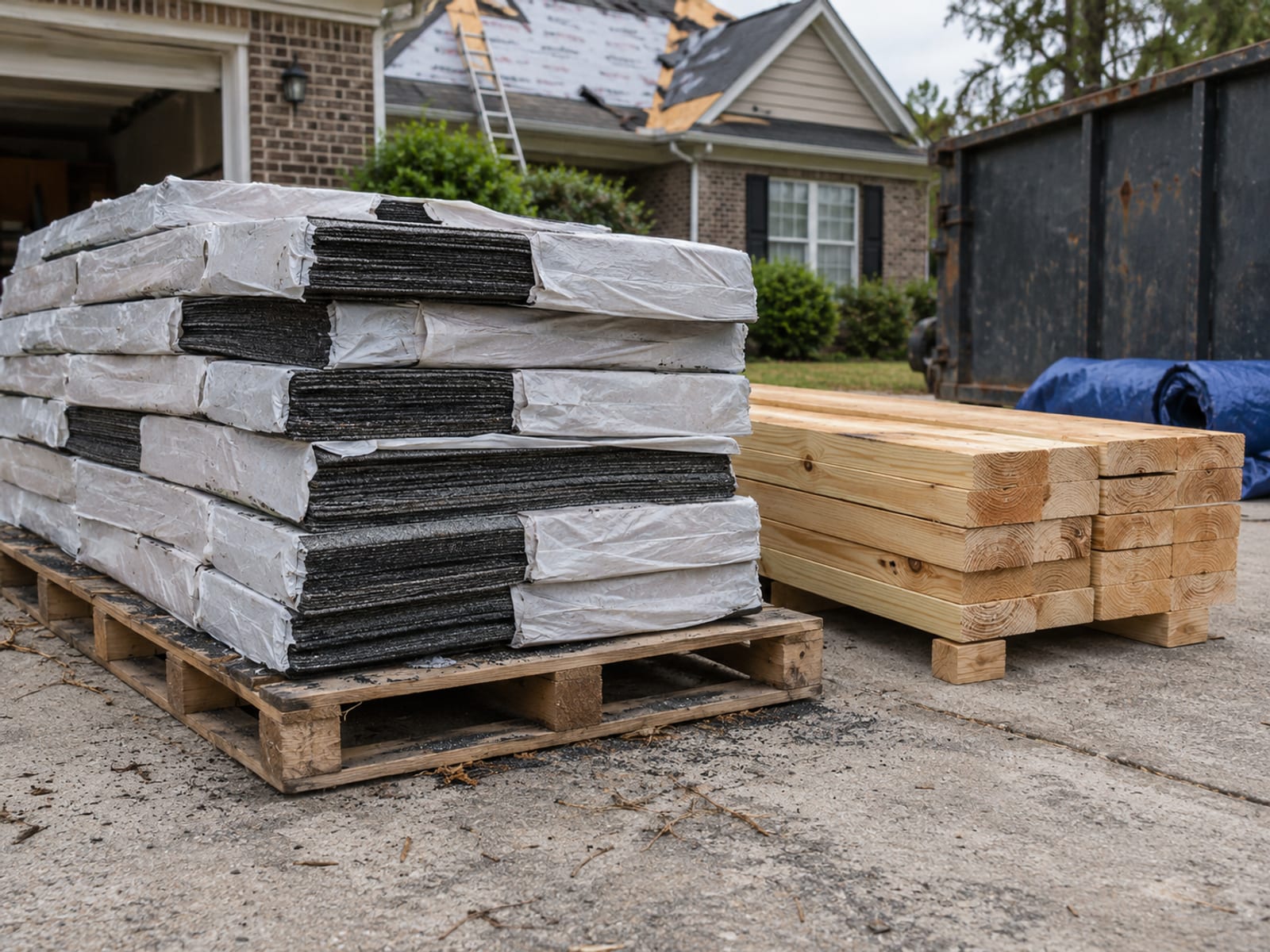 Bundles of roofing shingles and stacked lumber at a residential building site