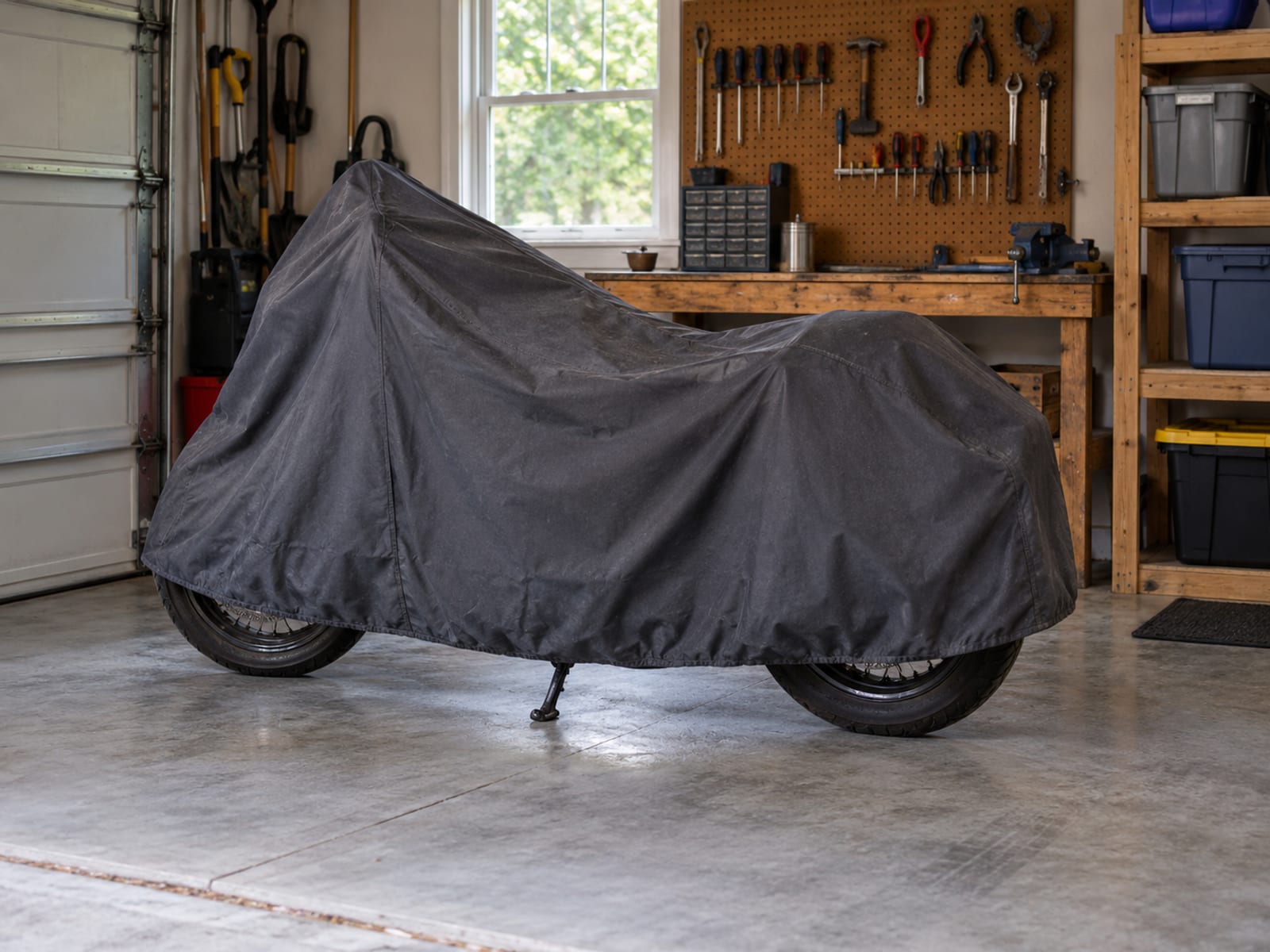 A motorcycle under a fitted cover in a tidy home garage