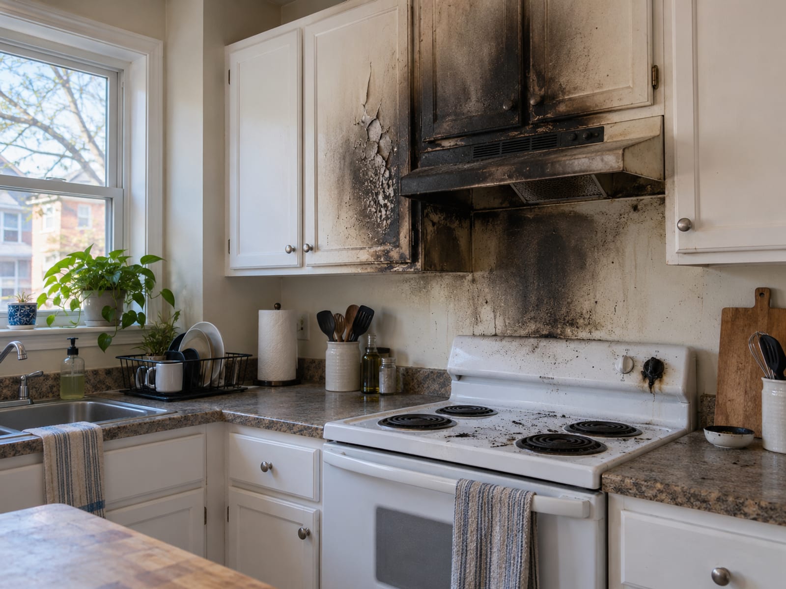 A smoke-darkened kitchen wall and cabinets in an apartment after a small fire