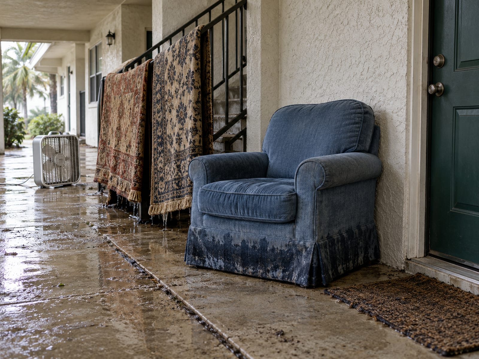 Wet rugs and a damp chair set outside a ground-floor apartment to dry after a flood