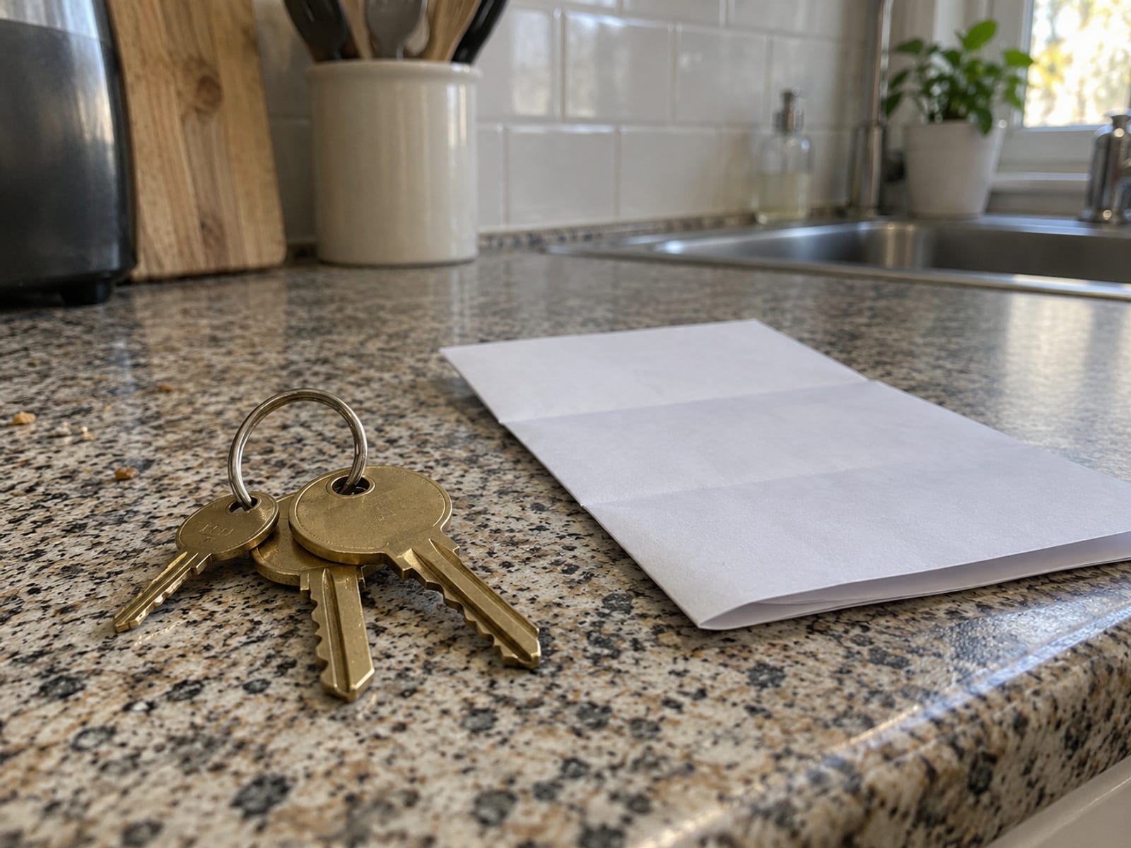 A set of apartment keys resting on a kitchen counter beside a folded paper